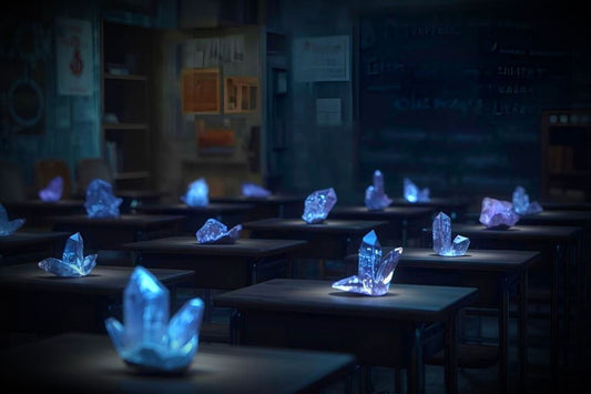 a dimly lit classroom with desks, each holding a glowing crystal