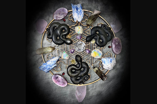 Handmade in the USA, Year of the Snake Crystal Healing Necklaces featuring Obsidian, Garnet, Moonstone, Amethyst, Opal Gemstones.