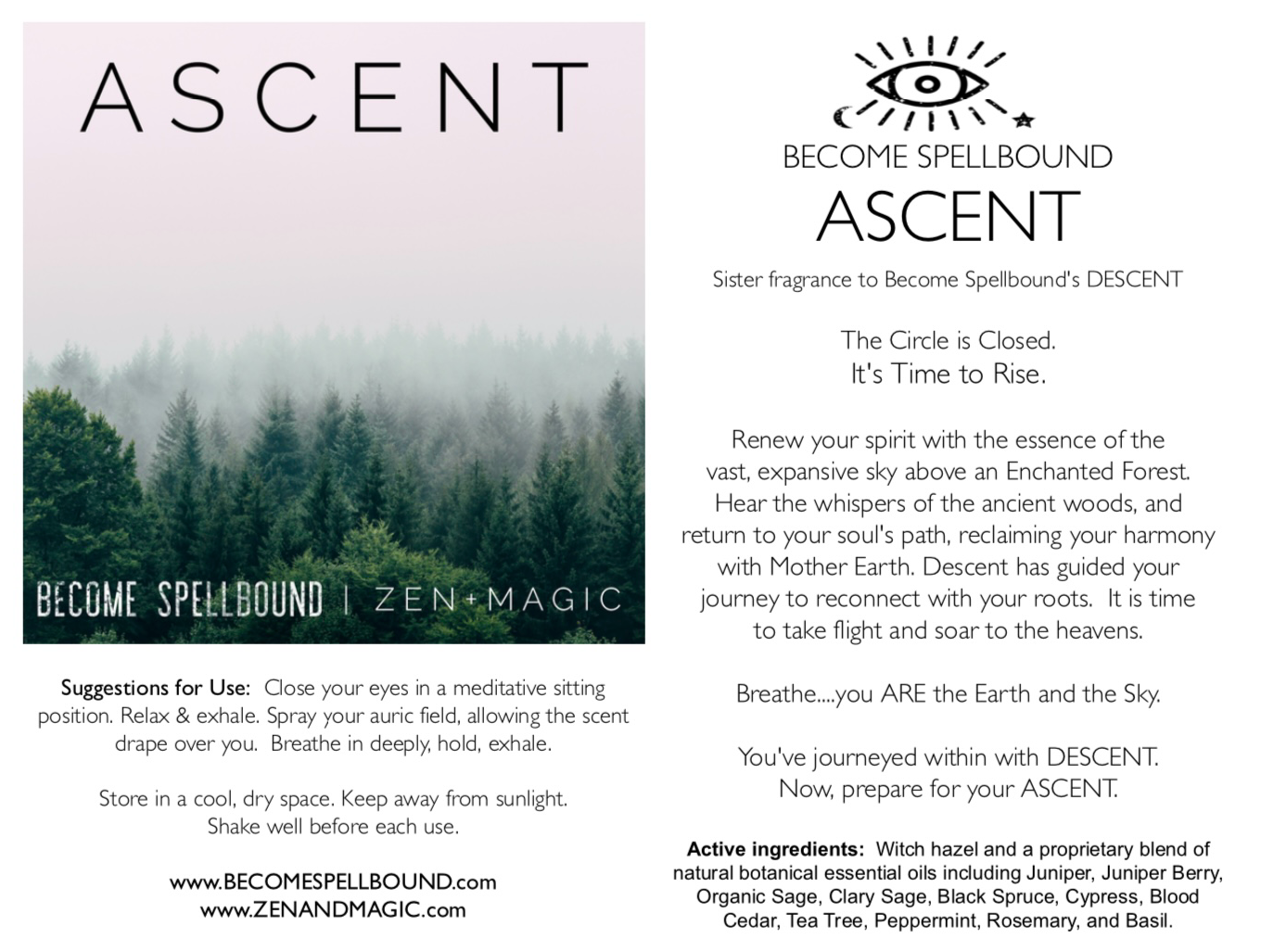 Ascent, a fresh forest pine and sage smudge perfume spray for high vibes and energetic elevation. Meditation, ritual, or yoga practice, for spiritual alignment and enlightenment.