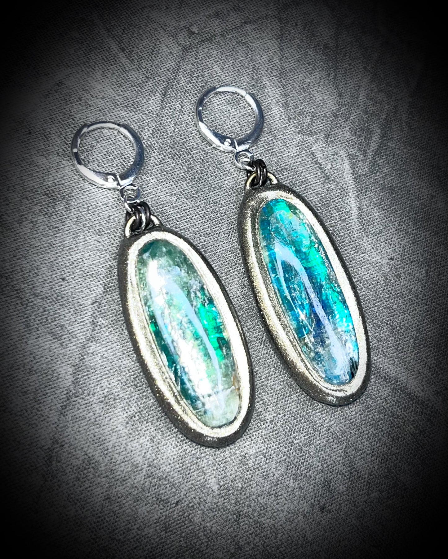 Sterling silver mixed metal gold dangle earrings, handmade green kyanite crystal gemstone earrings, holiday gift for her, made in the USA.