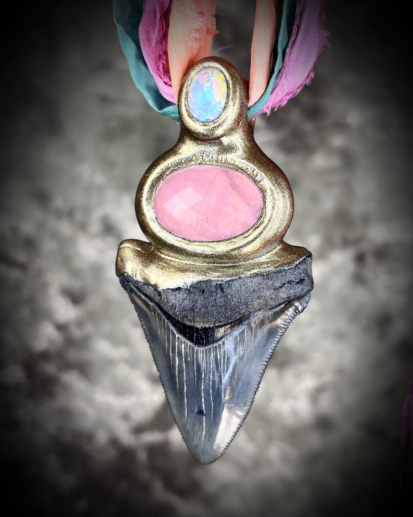 Megalodon fossil handmade necklace featuring rose quartz and a sparkling opal! Best jewelry in Baltimore, one-of-a-kind fossil and gemstone jewelry and unique gift for her!