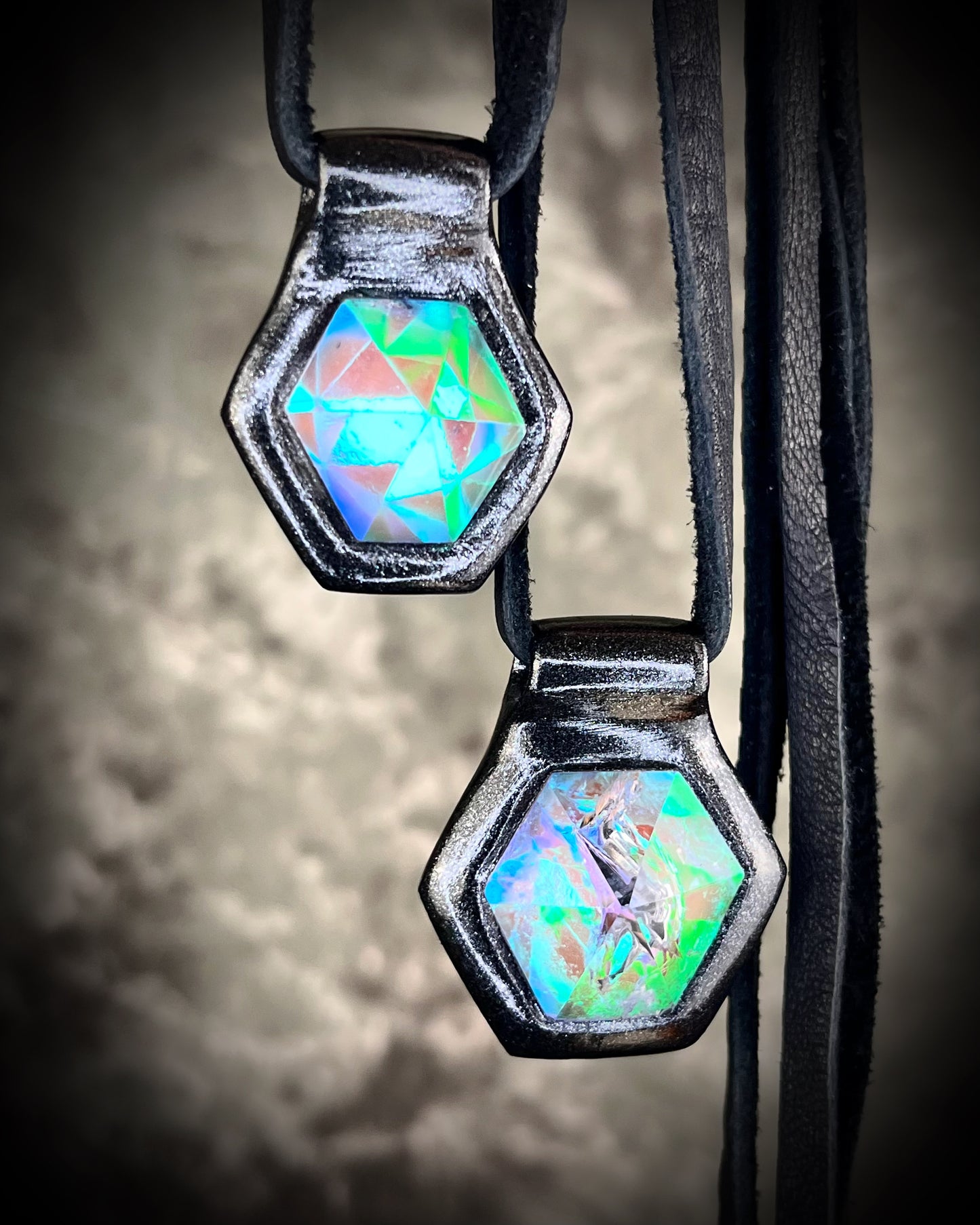 Handmade Quartz siren talisman, reminiscent of sunken treasure. Aqua flash crystal necklace with black leather, perfect for witchy, mystical babes with a modern mermaid flair, summer festival jewelry, travel jewelry or bridesmaid gifting.