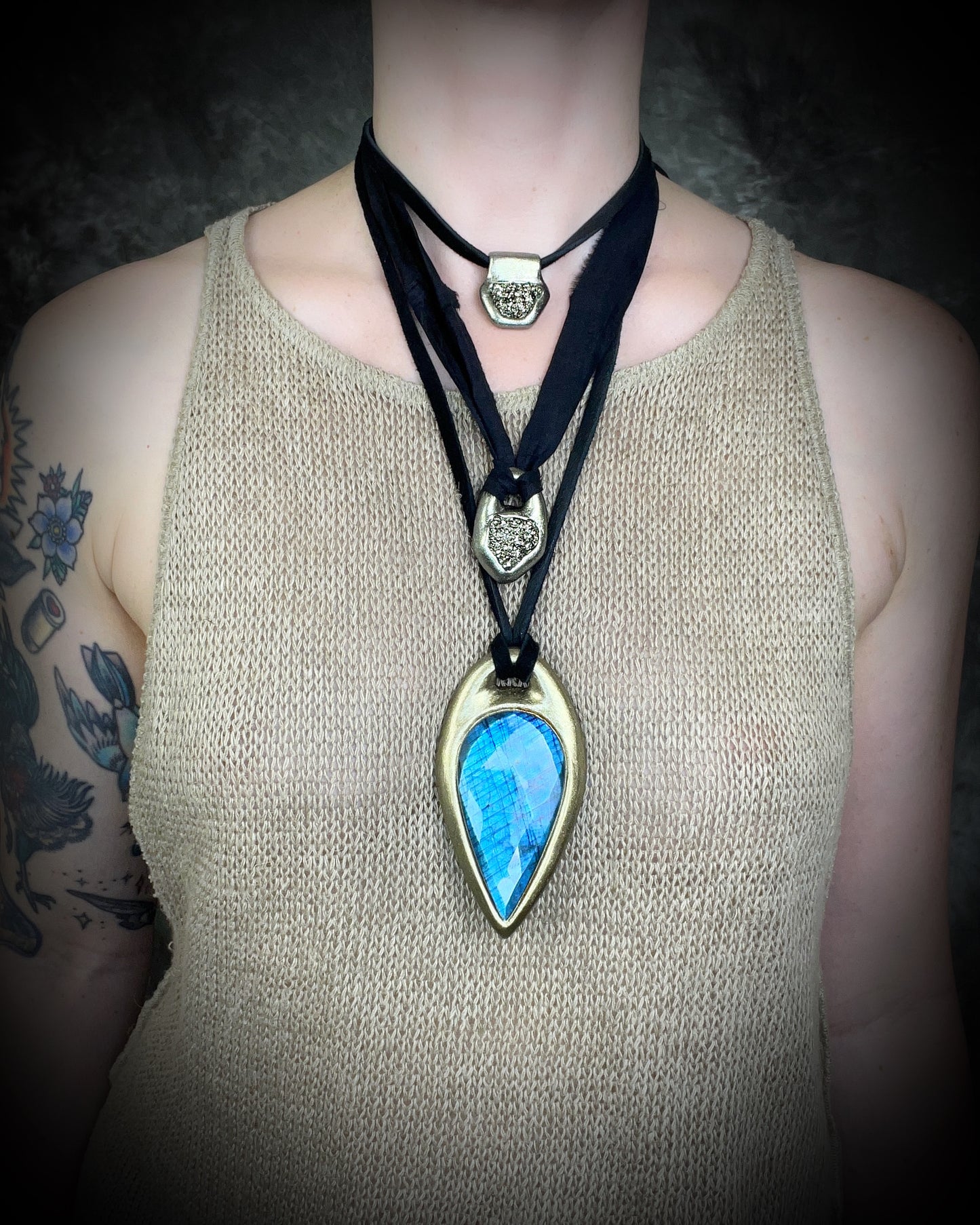 Pyrite crystal healing choker for vitality and manifestation. Handmade in the USA necklace on black leather for a unisex appeal.