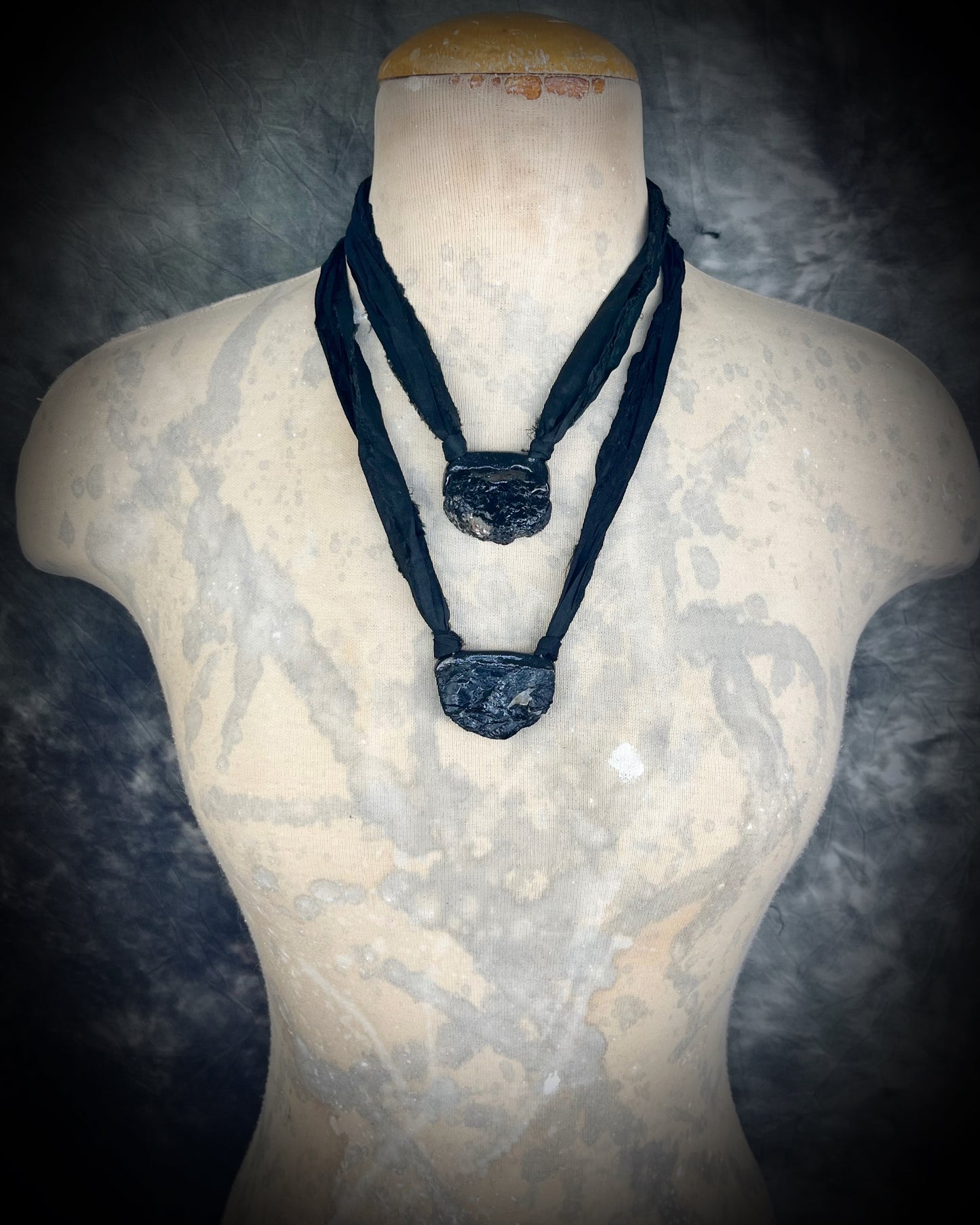 Black Tourmaline grounding and protection talisman, perfect Mothers Day Gift or everyday talisman for emf protection and magic, hung from black recycled silk for ecofriendly dark luxury.