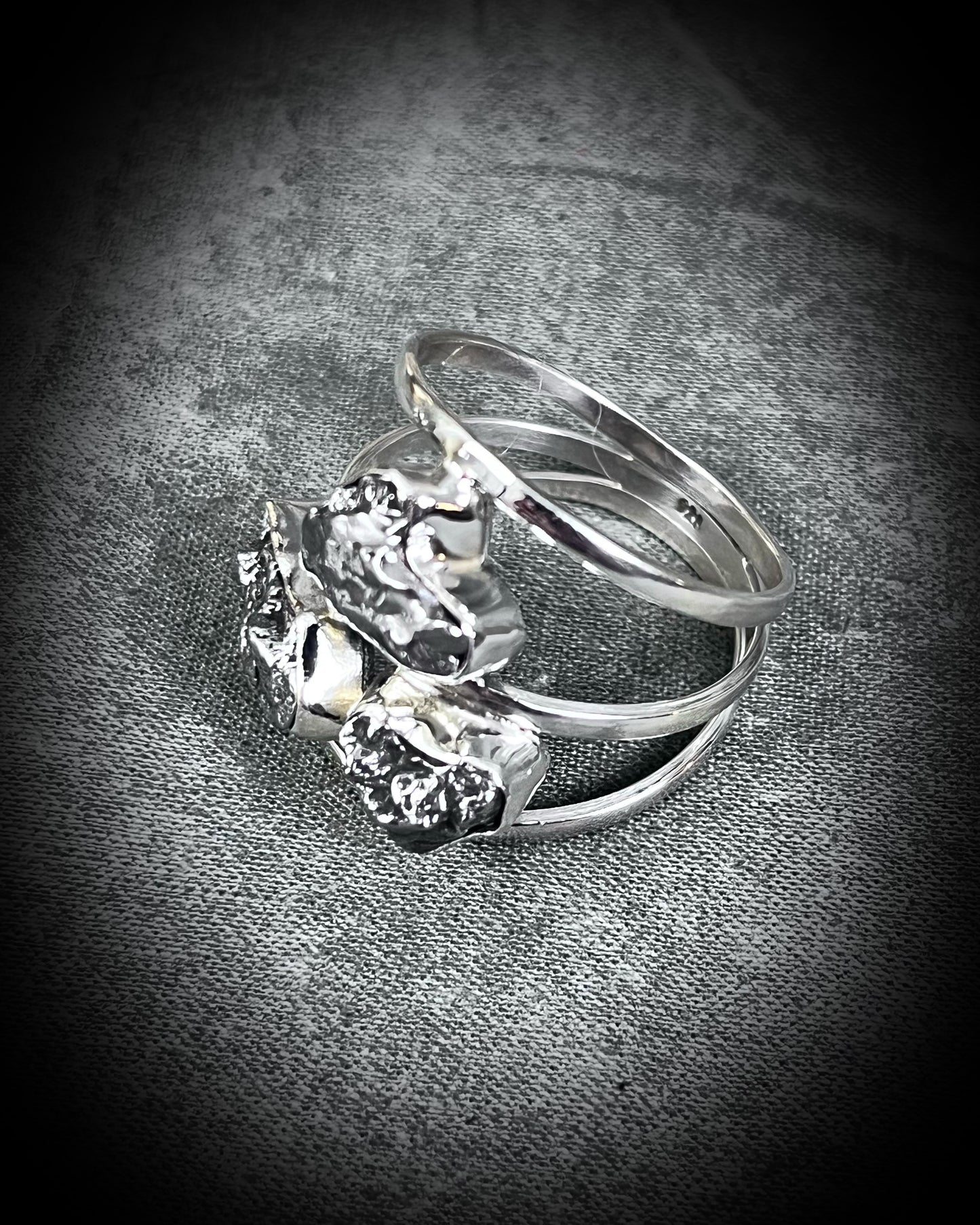 Unisex multi-stone sterling silver and triple band meteorite handmade ring. Futuristic high fashion spiritually elevating Holiday gift for her.