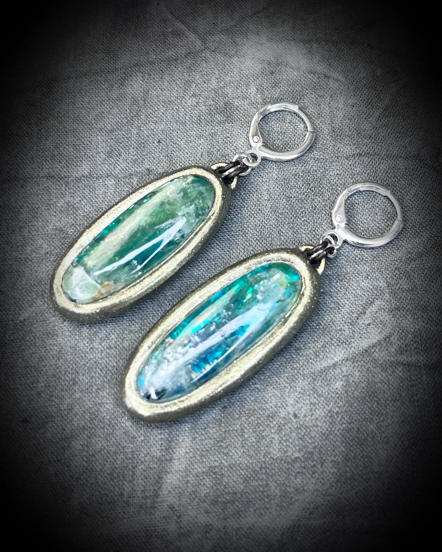 Sterling silver mixed metal gold dangle earrings, handmade green kyanite crystal gemstone earrings, holiday gift for her, made in the USA.
