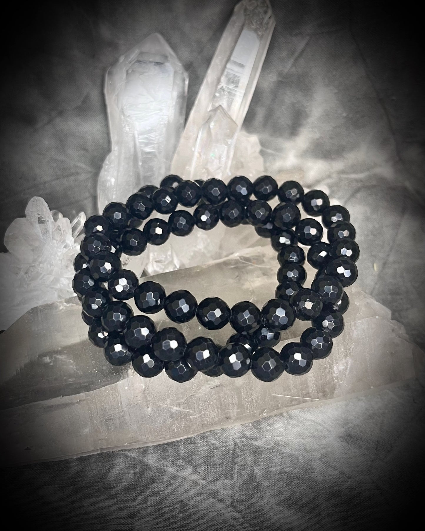 Onyx faceted gemstone, natural crystal healing beaded bracelets for protection, grounding, emf shielding and magic! Crystal stacking bracelets for modern maximalism and dopamine dressing!