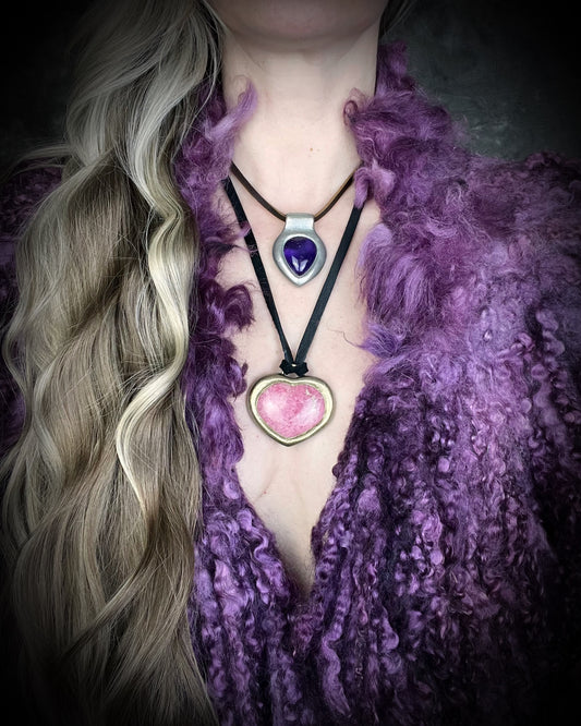Enchanting amethyst and Rhodonite crystal teardrop pendants hung from soft organic black and brown leather. Mystical and spiritual handmade gift jewelry for her. Birthstone jewelry for her. Aquarius gift necklace.