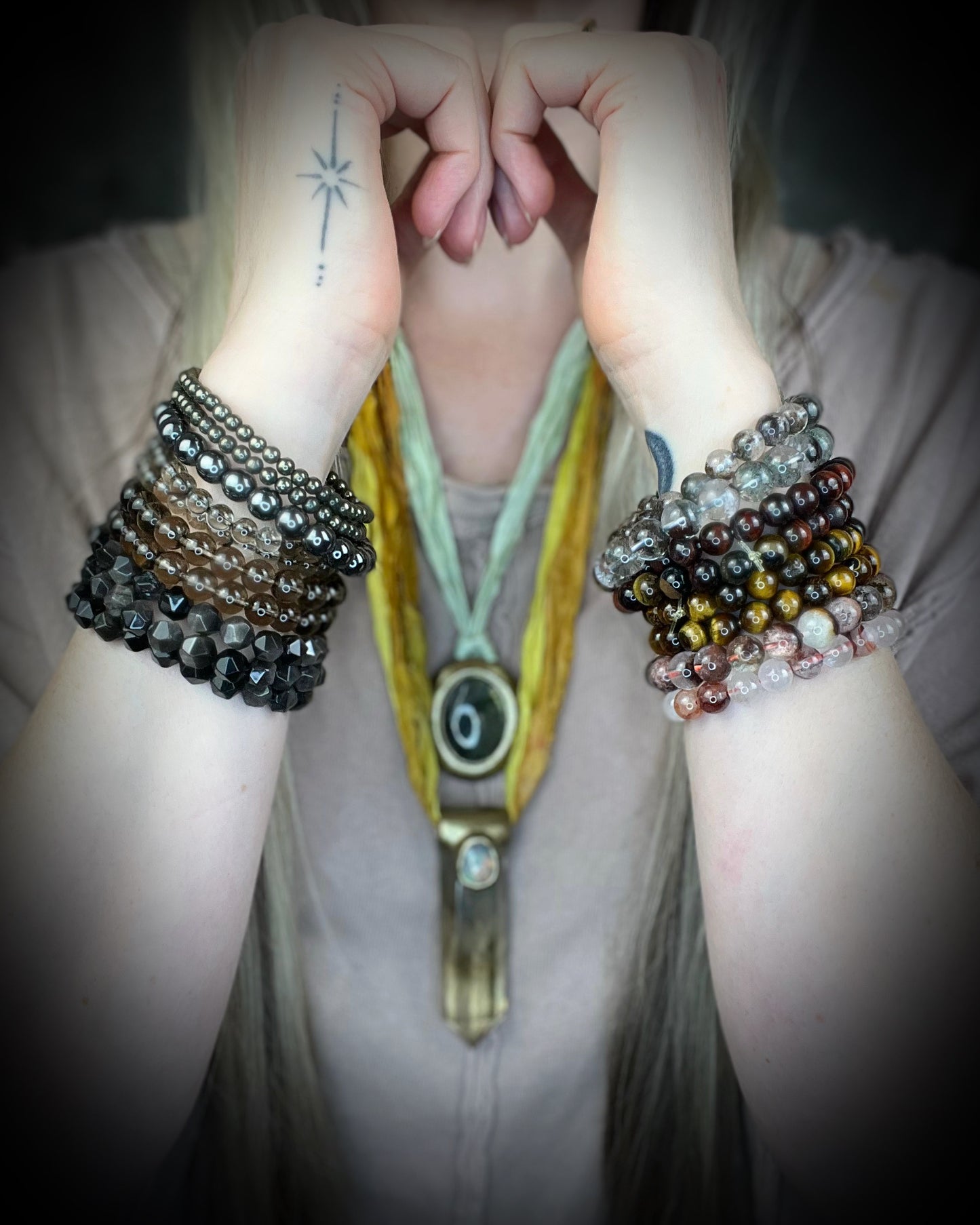 Raw stone, natural crystal healing beaded bracelets for protection, grounding, emf shielding and gemstone magic!  Crystal stacking bracelets for modern maximalism and dopamine dressing!