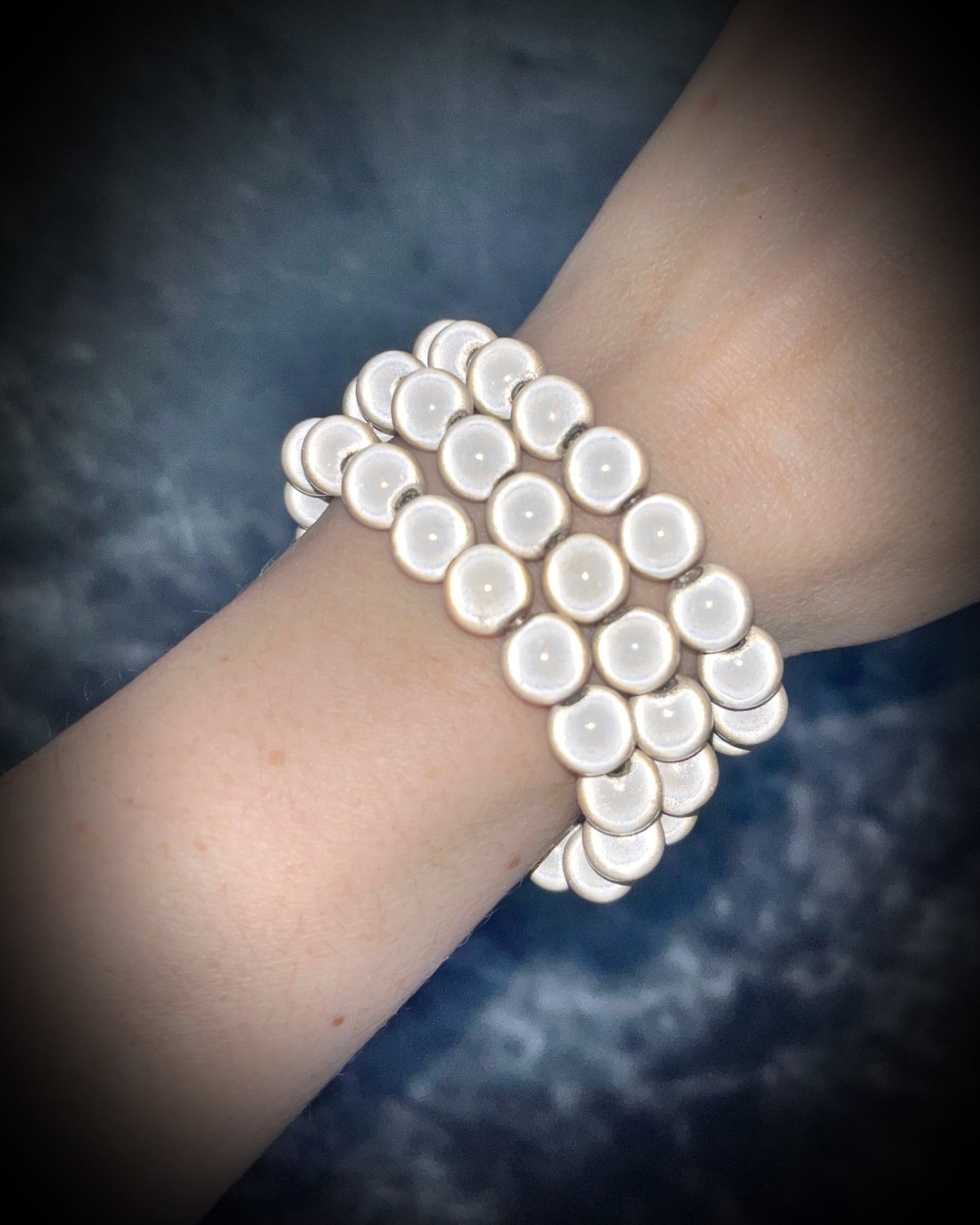 Colorful Eclipse bracelets from Become Spellbound! Magical illusion bracelets for stacking, parties, summer jewelry, festivals, raves, travel jewelry and more! Gift for her, cream off-white beaded bracelet.