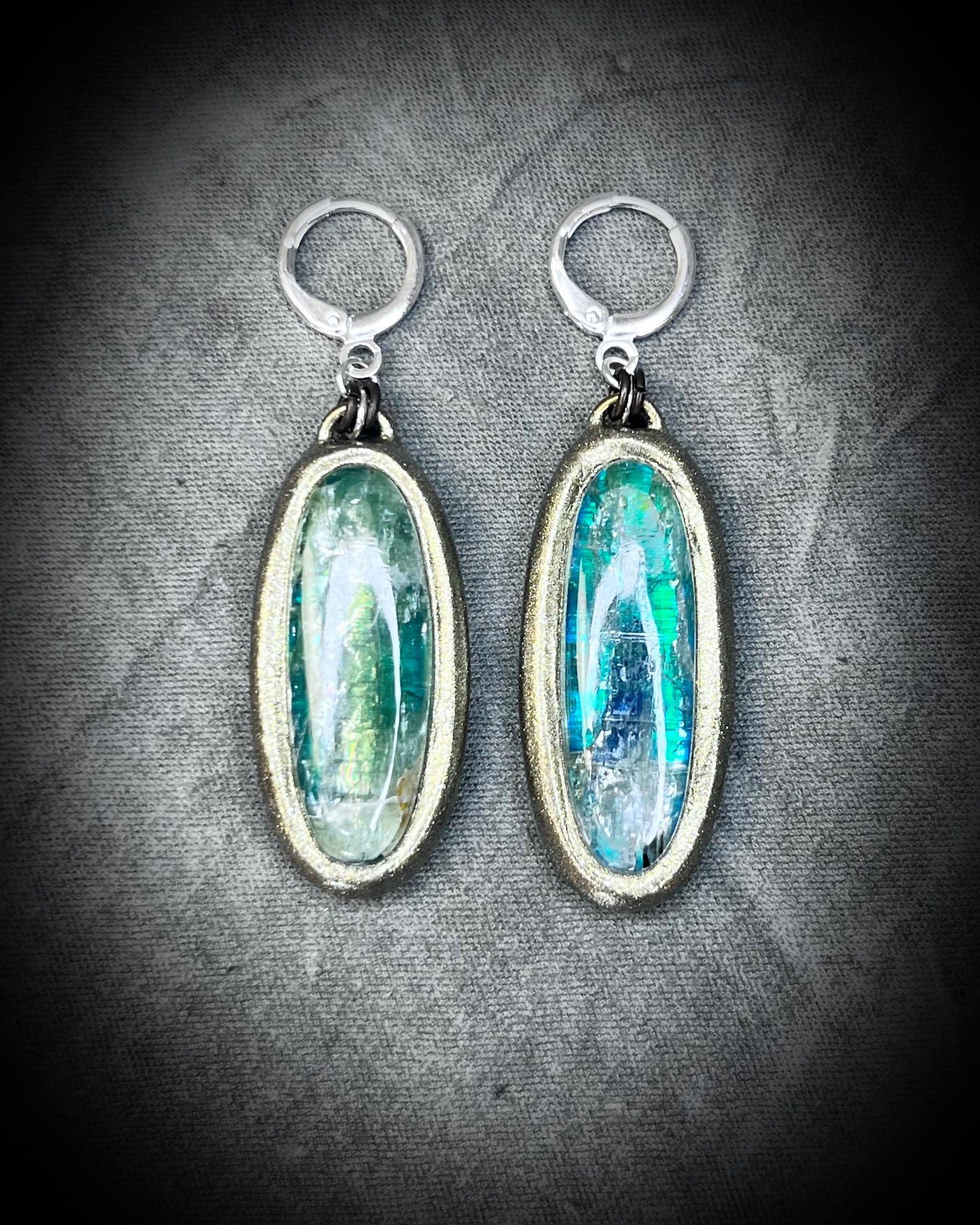Sterling silver mixed metal gold dangle earrings, handmade green kyanite crystal gemstone earrings, holiday gift for her, made in the USA.