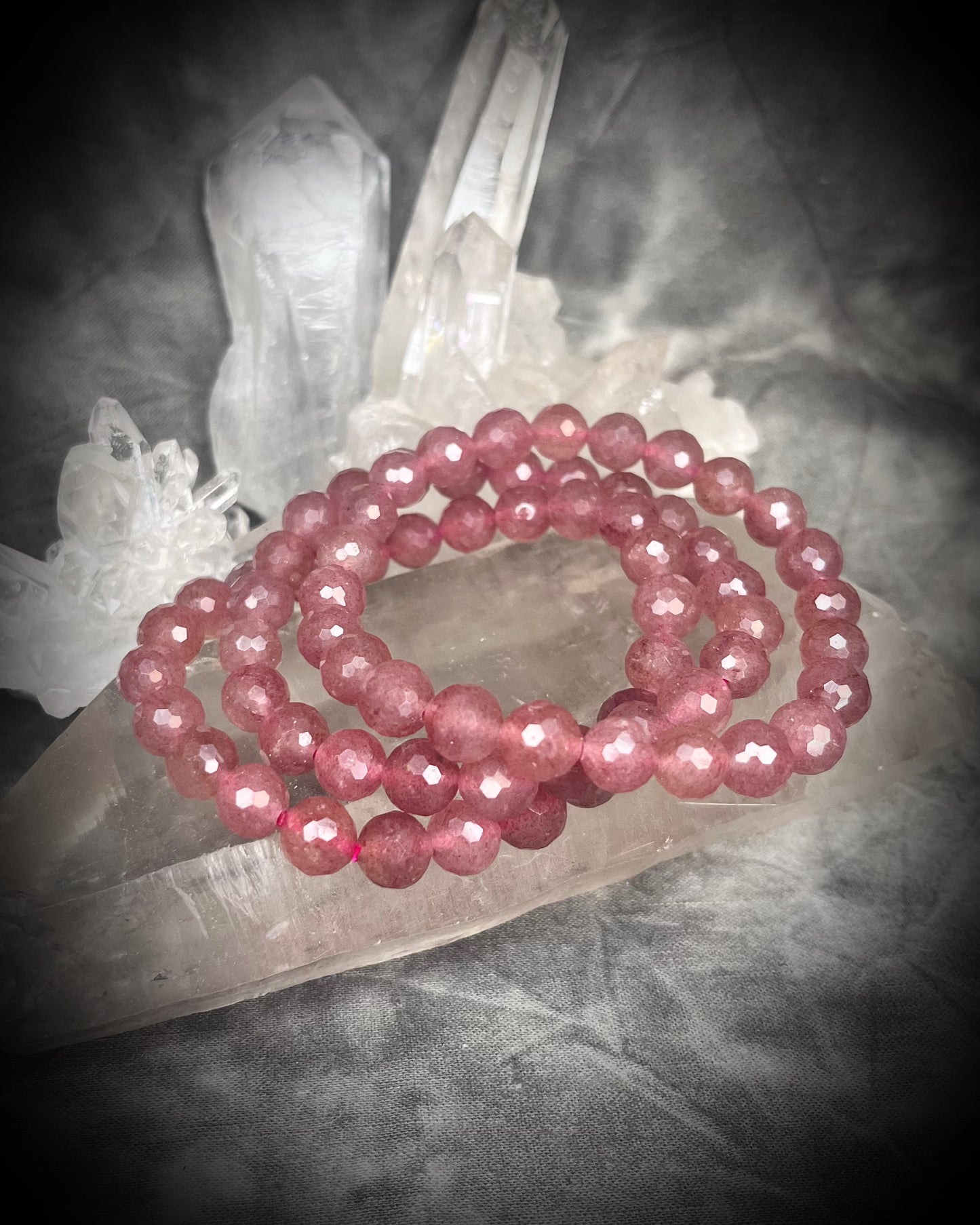 Strawberry Quartz Raw stone, natural crystal healing beaded bracelets for protection, grounding, emf shielding and gemstone magic! Crystal stacking bracelets for modern maximalism and dopamine dressing!