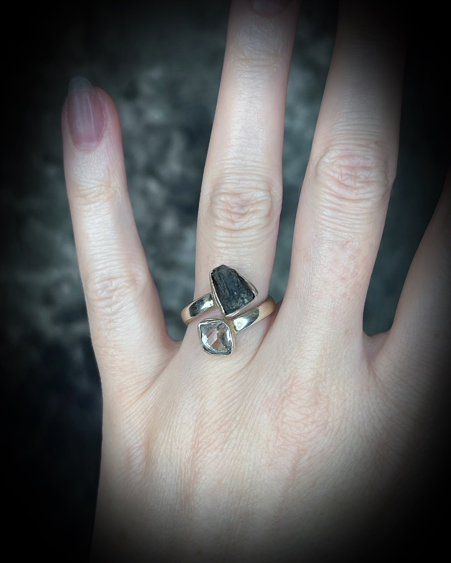 Moldavite and Herkimer Adjustable Sterling Silver Ring