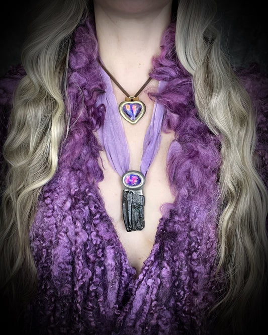 Equus Fossil Horse Tooth necklace. Year of the Horse necklace talisman with amethyst birthstone crystal. Handmade amethyst pendant, best valentines gift for her.