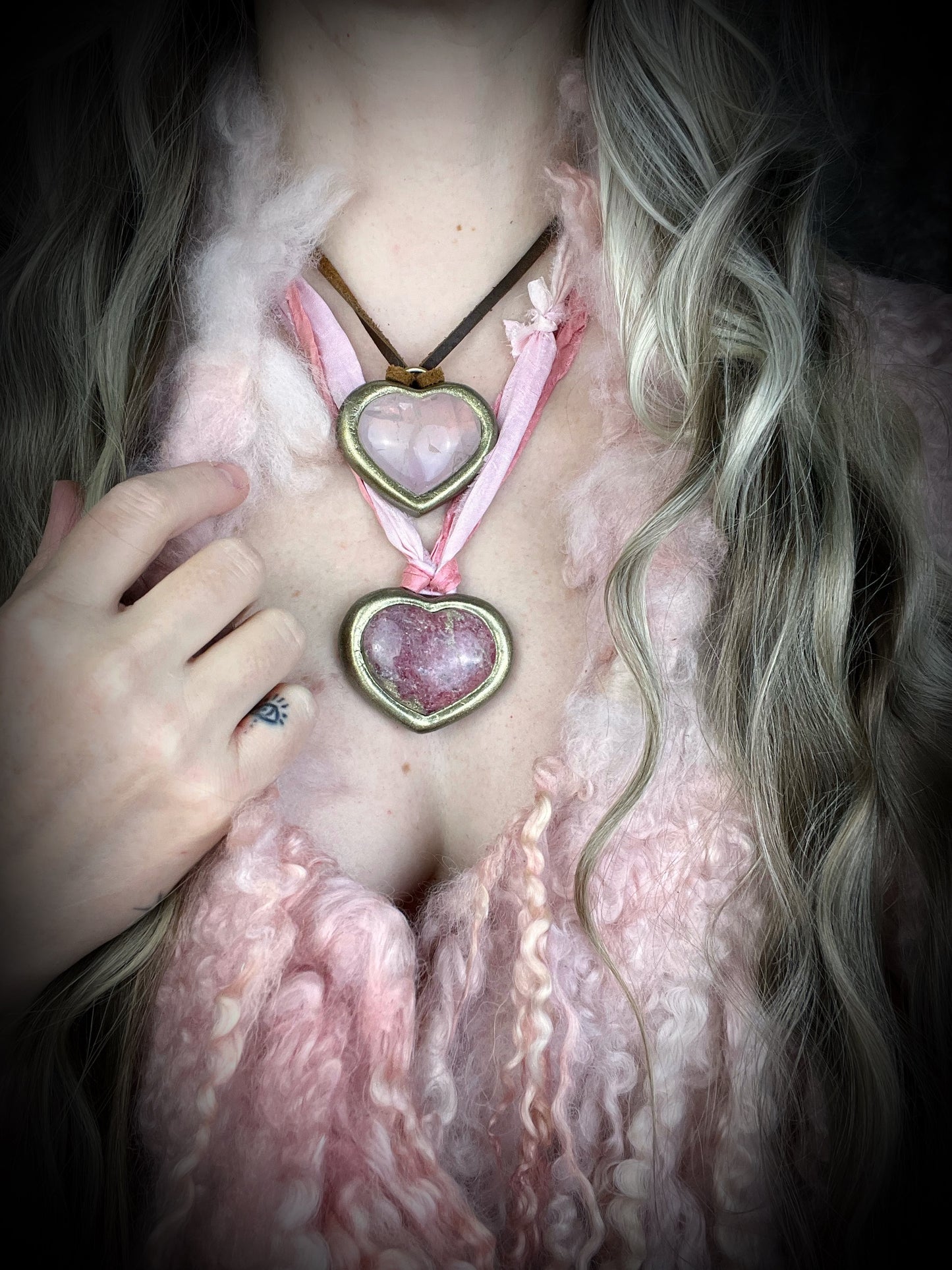 Unique Valentine’s gift for her. Rose Quartz crystal heart pendant necklace in gold finish on soft brown leather cord — romantic handmade crystal jewelry gift for her.