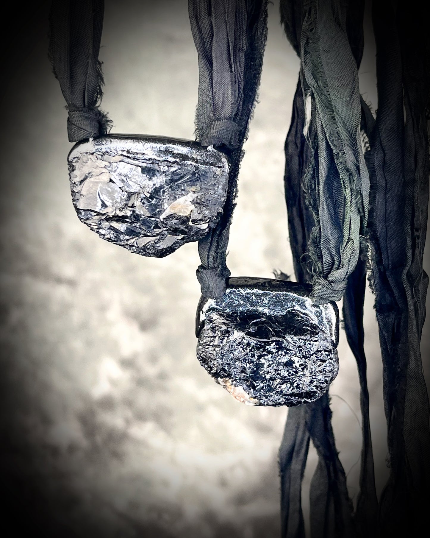 Black Tourmaline grounding and protection talisman, perfect Mothers Day Gift or everyday talisman for emf protection and magic, hung from black recycled silk for ecofriendly dark luxury.