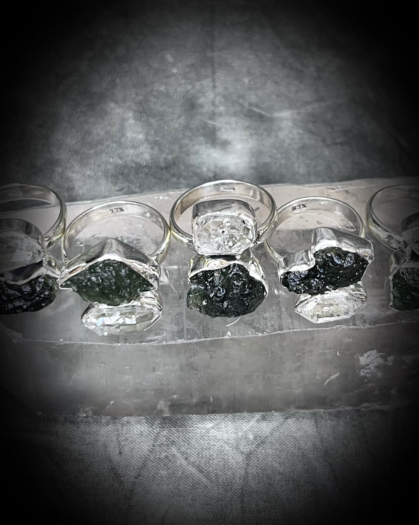 Elegant Moldavite and Herkimer Diamond crystal sterling silver cocktail rings showcasing natural gemstones, holiday gift for her.