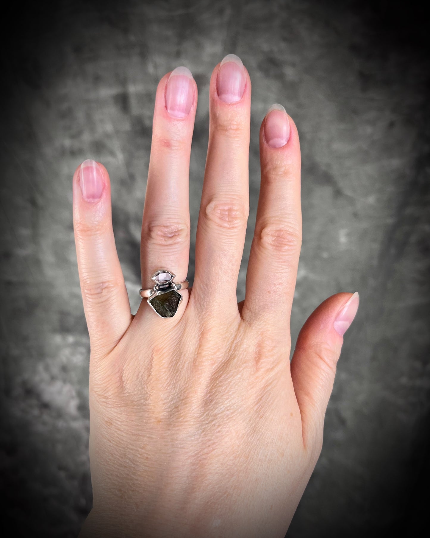 Chunky sterling silver adjustable Moldavite and Herkimer Diamond raw stone rings with natural gemstones, best gift for her.