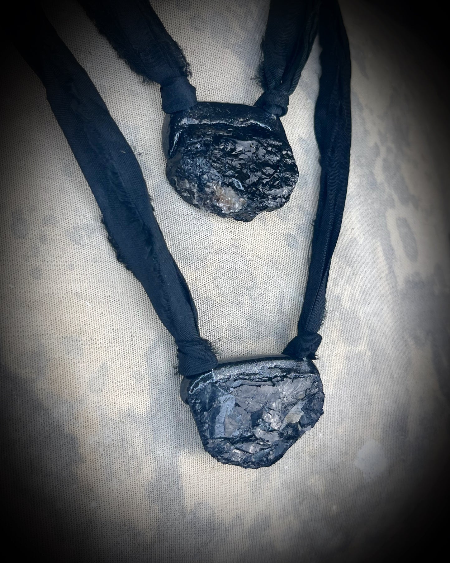 Black Tourmaline grounding and protection talisman, perfect Mothers Day Gift or everyday talisman for emf protection and magic, hung from black recycled silk for ecofriendly dark luxury.