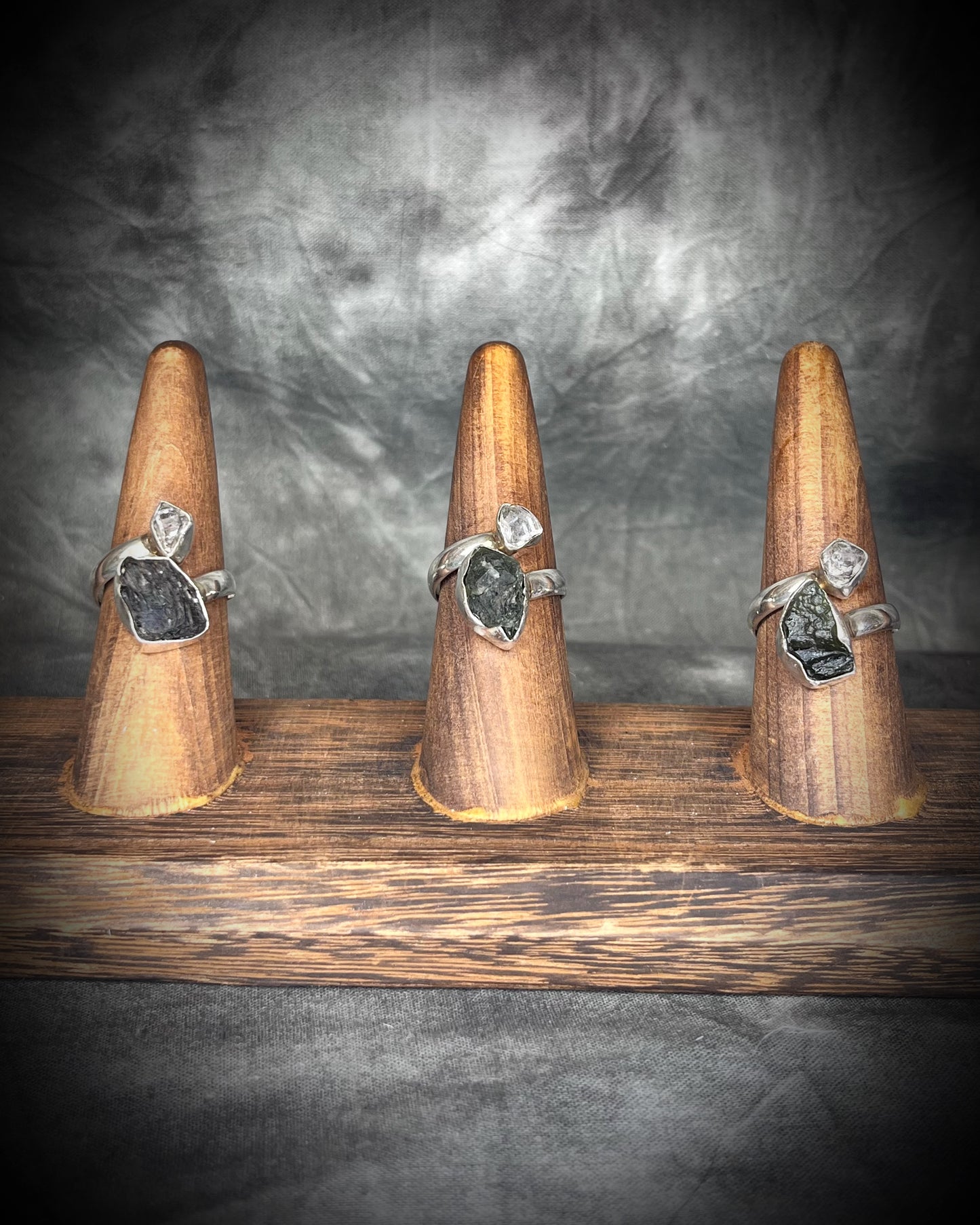 Chunky sterling silver adjustable Moldavite and Herkimer Diamond raw stone rings with natural gemstones, best crystal healing gift for her.