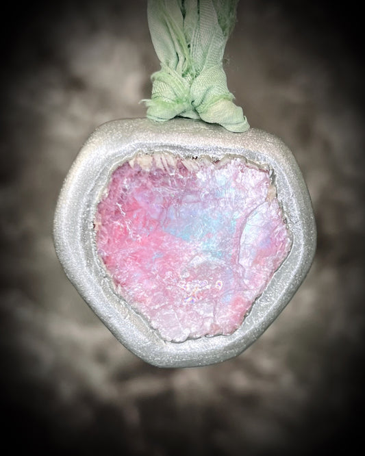Raw Lepidolite Crystal Talisman - Silver Finish + Aqua Silk for Calm and Serenity