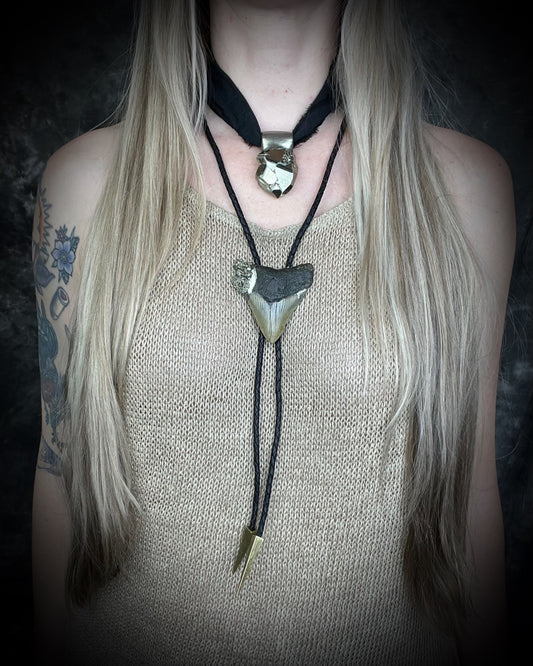 A prehistoric Megalodon tooth bolo tie set in a rugged metallic finish, adorned with shimmering Pyrite crystals layered with another pyrite pendant.