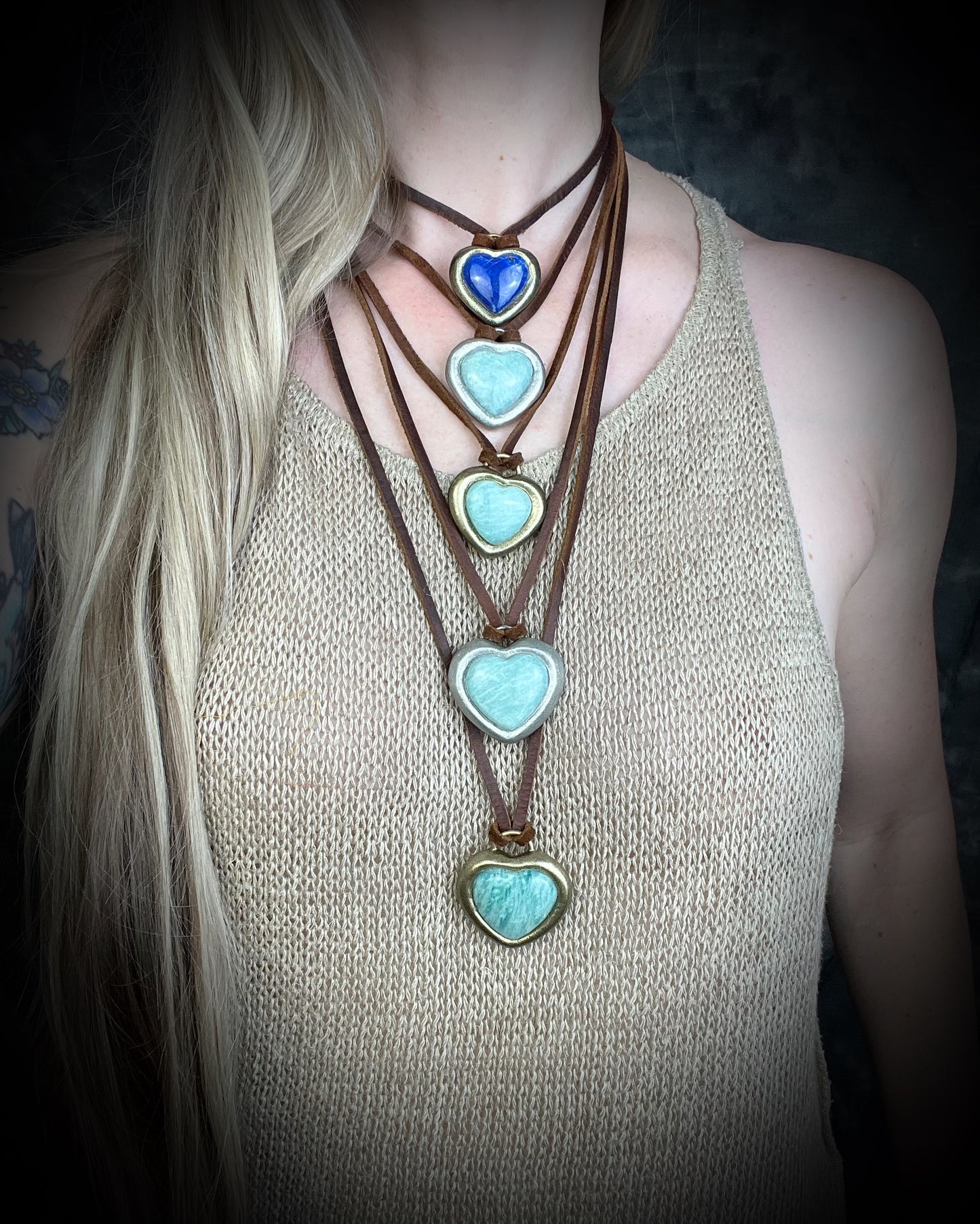 Amazonite crystal heart pendant necklace in gold or silver finish on brown leather cord — handmade bohemian crystal jewelry gift for her.