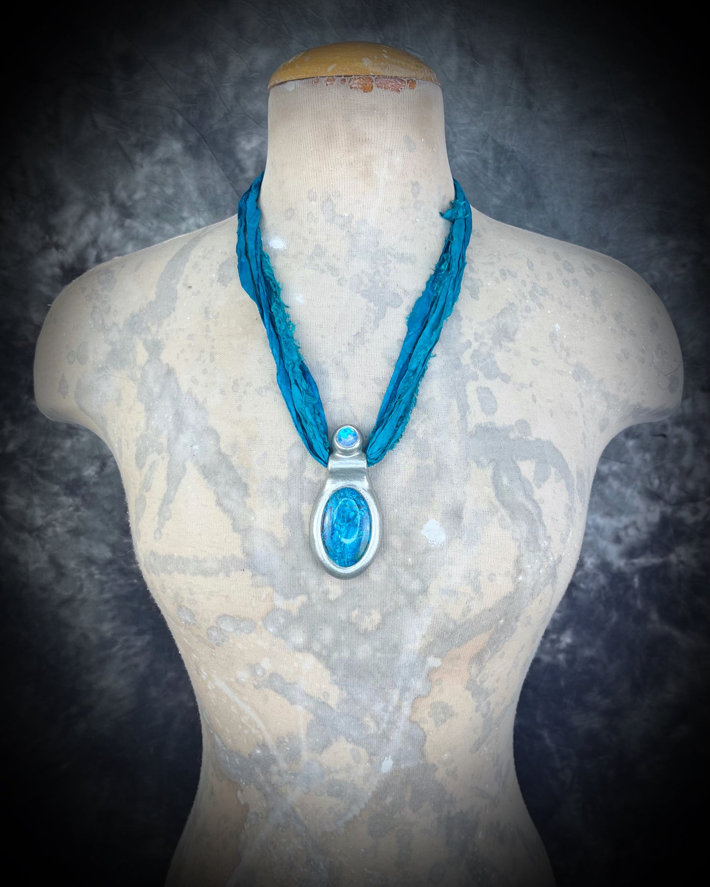 Azurite Chrysocolla and Moonstone Silver Handmade Crystal Healing Pendant on recycled silk in transformative teal, maximalist jewelry for Intuition Third Eye Activation and Calm