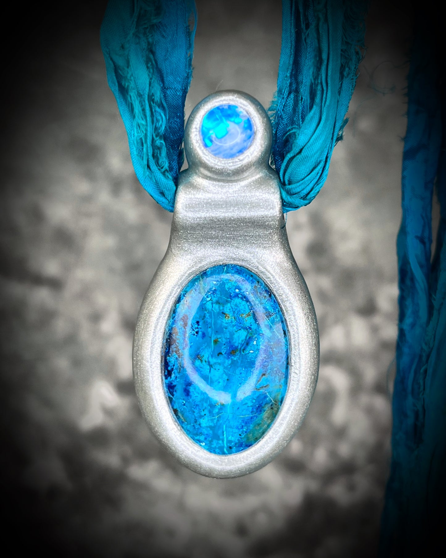 Azurite Chrysocolla and Moonstone Silver Handmade Crystal Healing Pendant on recycled silk in transformative teal, maximalist jewelry for Intuition Third Eye Activation and Calm