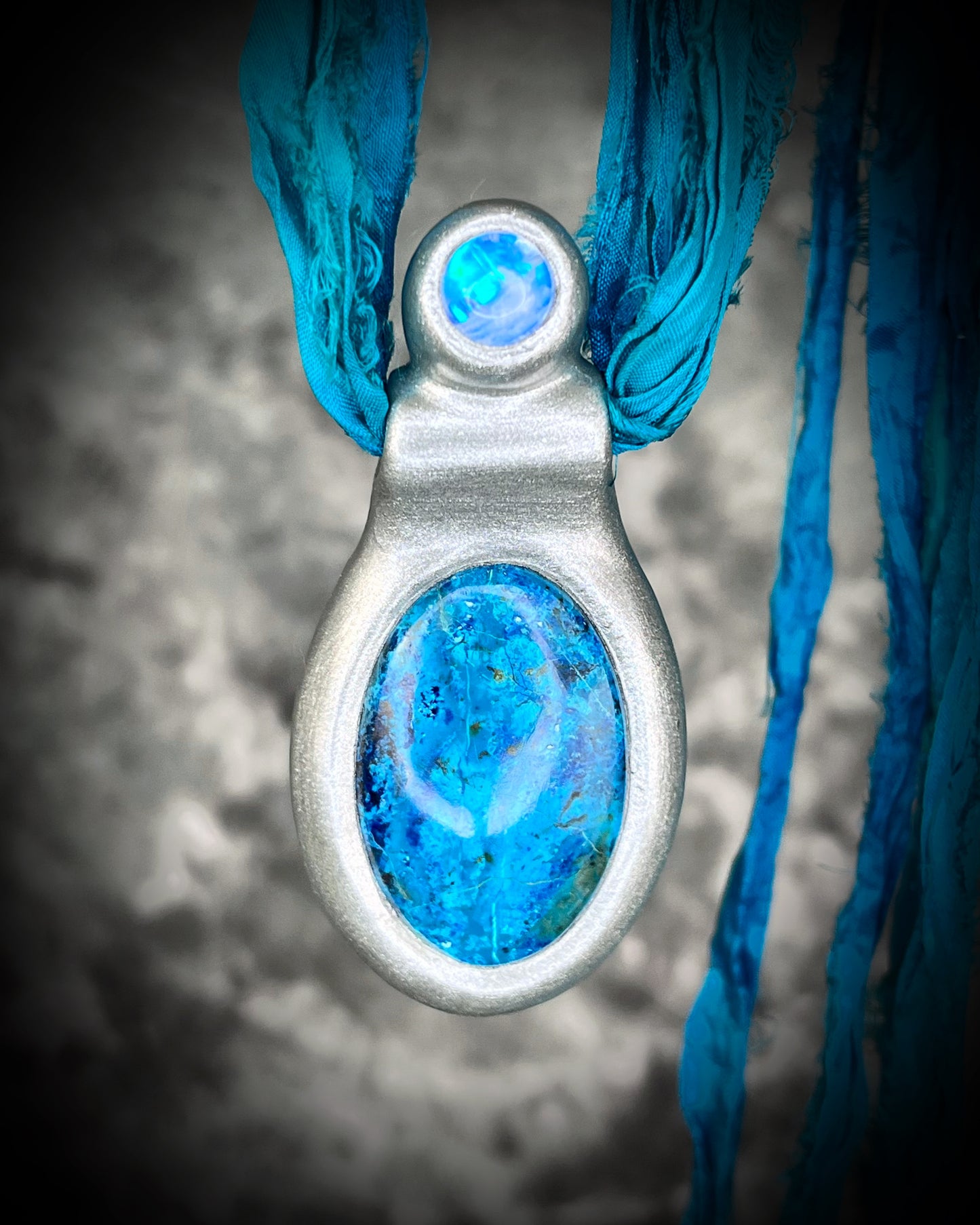 Azurite Chrysocolla and Moonstone Silver Handmade Crystal Healing Pendant on recycled silk in transformative teal, maximalist jewelry for Intuition Third Eye Activation and Calm