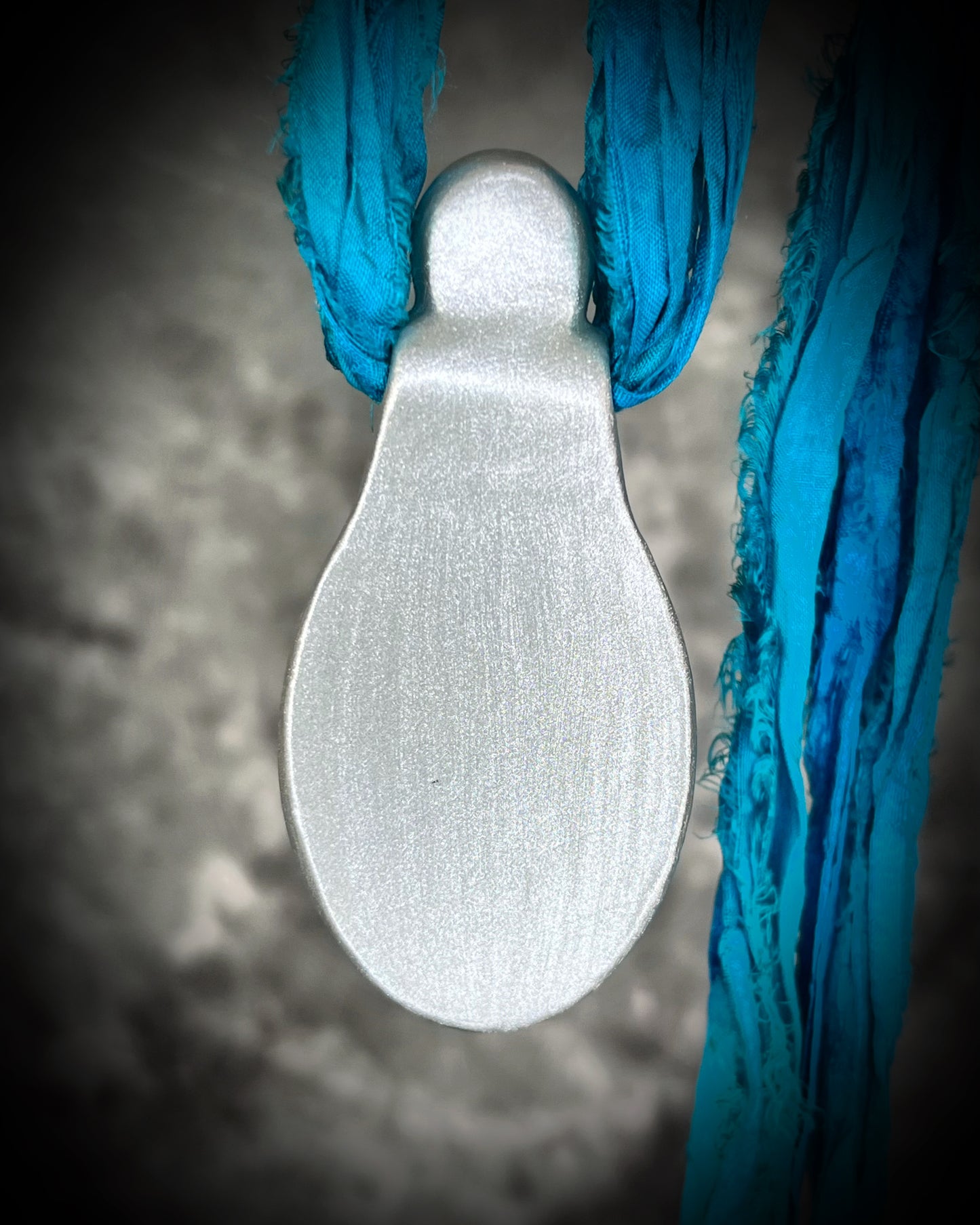 Azurite Chrysocolla and Moonstone Silver Handmade Crystal Healing Pendant on recycled silk in transformative teal, maximalist jewelry for Intuition Third Eye Activation and Calm
