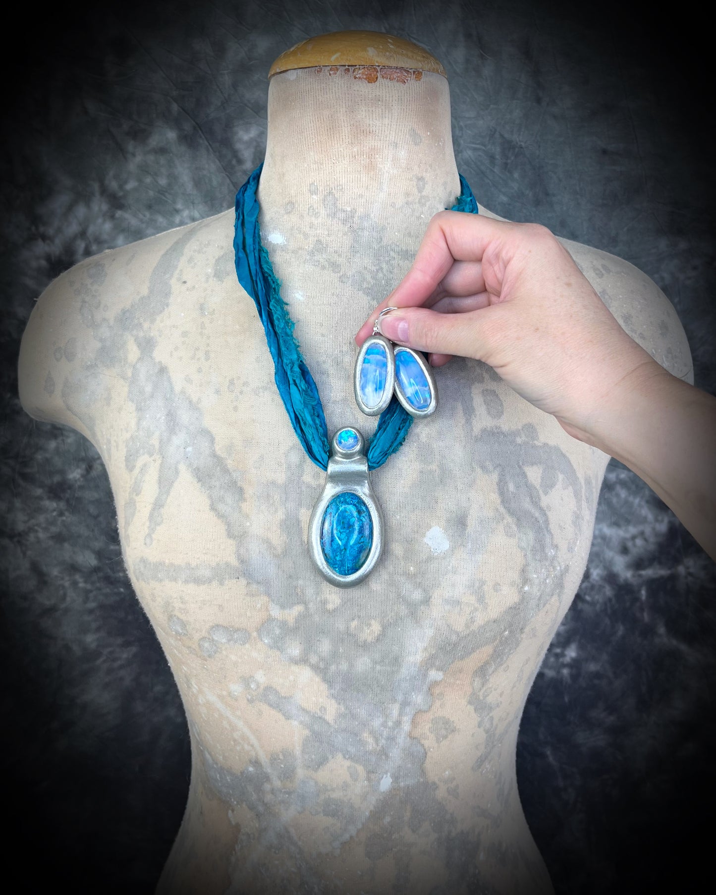Azurite Chrysocolla and Moonstone Silver Handmade Crystal Healing Pendant on recycled silk in transformative teal, maximalist jewelry for Intuition Third Eye Activation and Calm