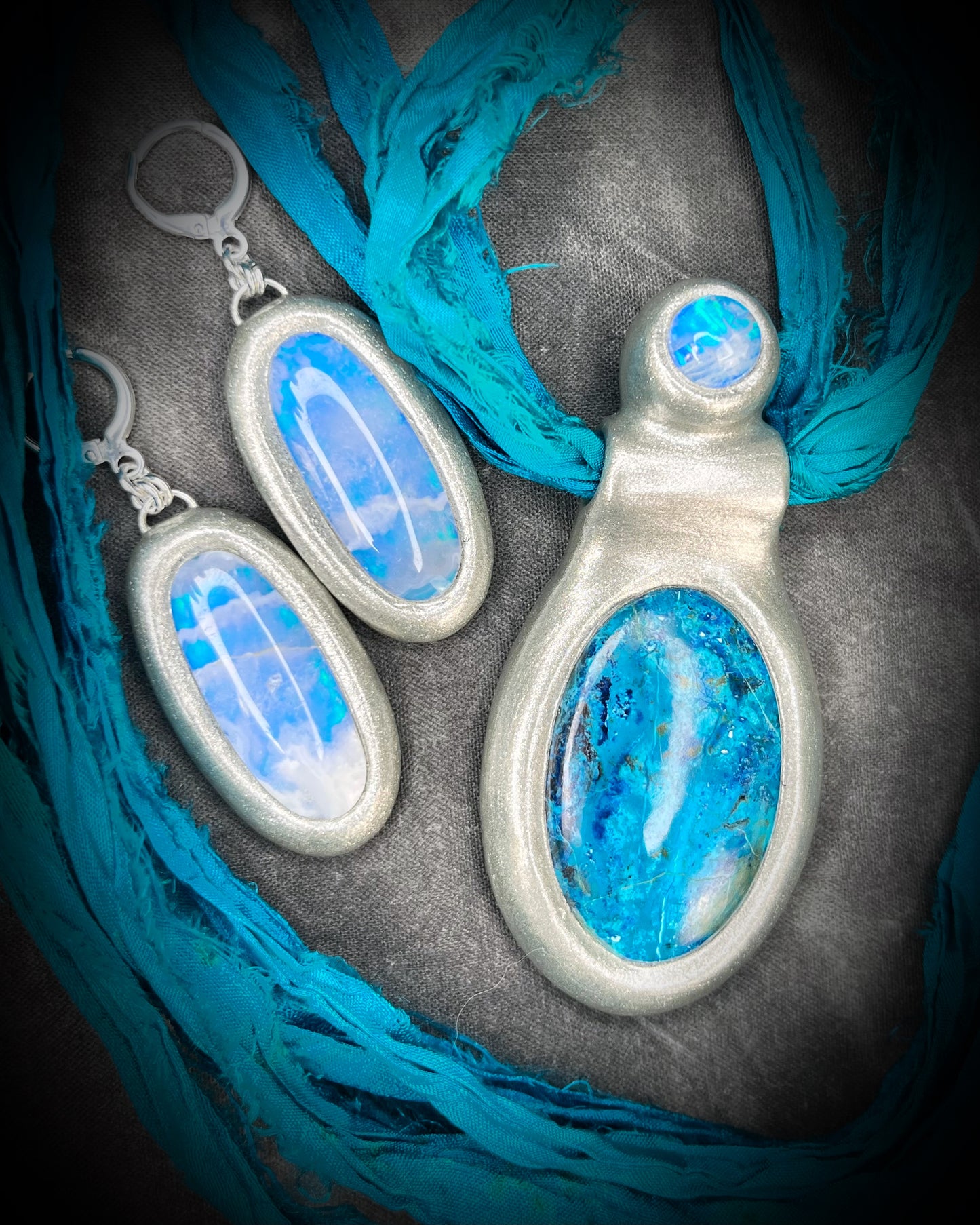 Azurite Chrysocolla and Moonstone Silver Handmade Crystal Healing Pendant on recycled silk in transformative teal, maximalist jewelry for Intuition Third Eye Activation and Calm