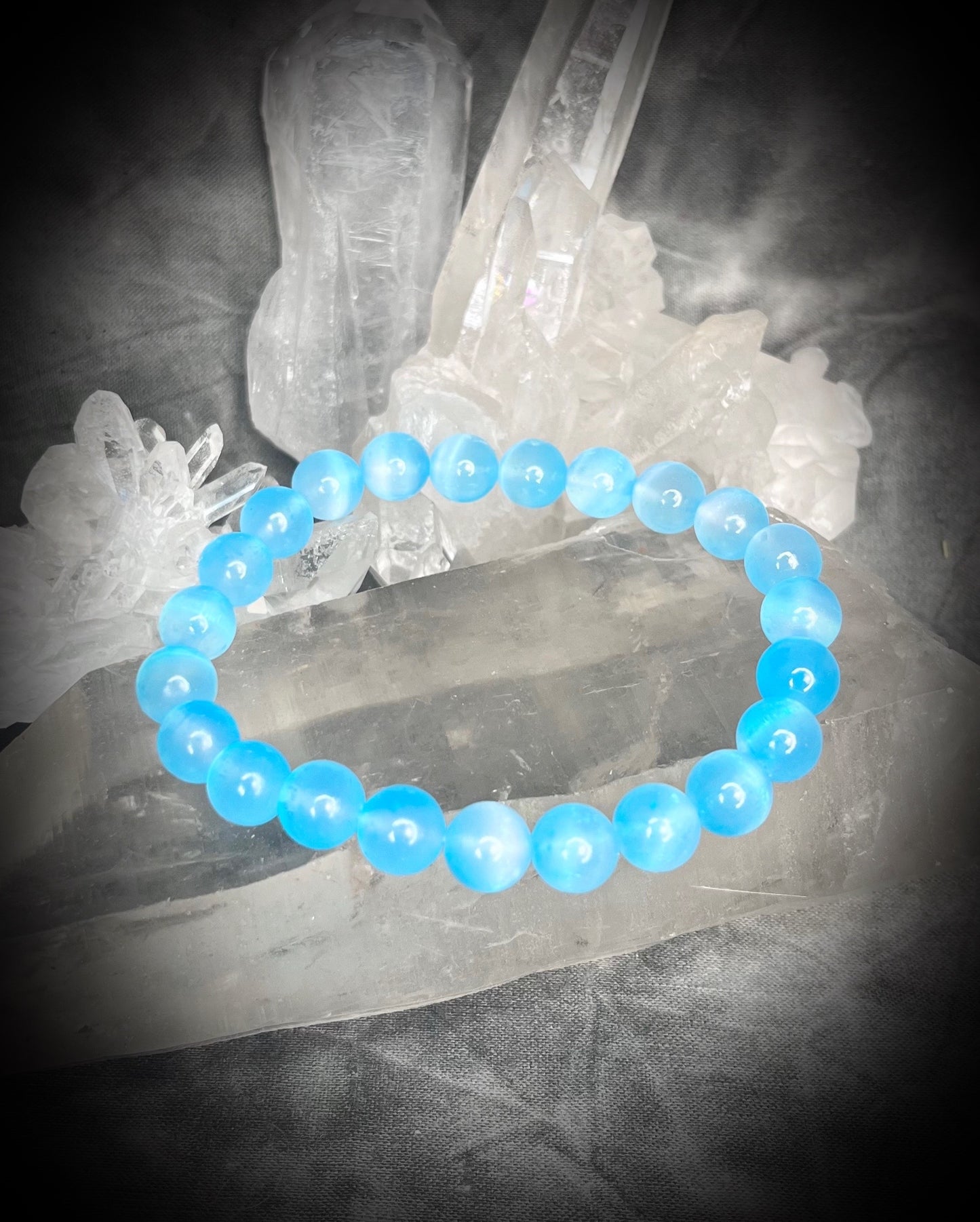 Selenite stone, natural crystal healing beaded bracelets for protection, grounding, emf shielding and gemstone magic! Crystal stacking bracelets for modern maximalism and dopamine dressing!