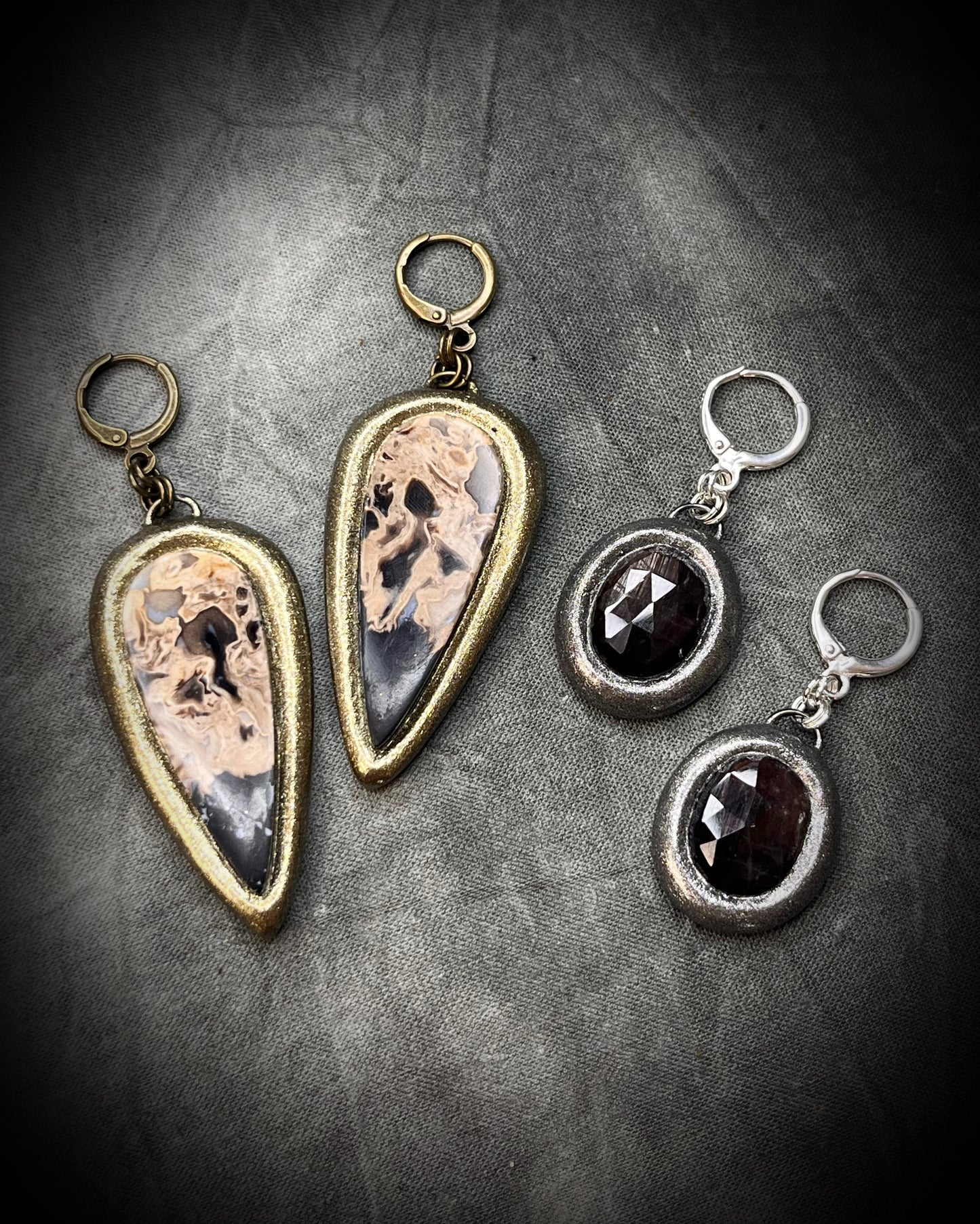 Black Sapphire Sterling Silver Earrings. Handmade empowering jewelry gift for her. Shown here with petrified palm room fossil earrings.