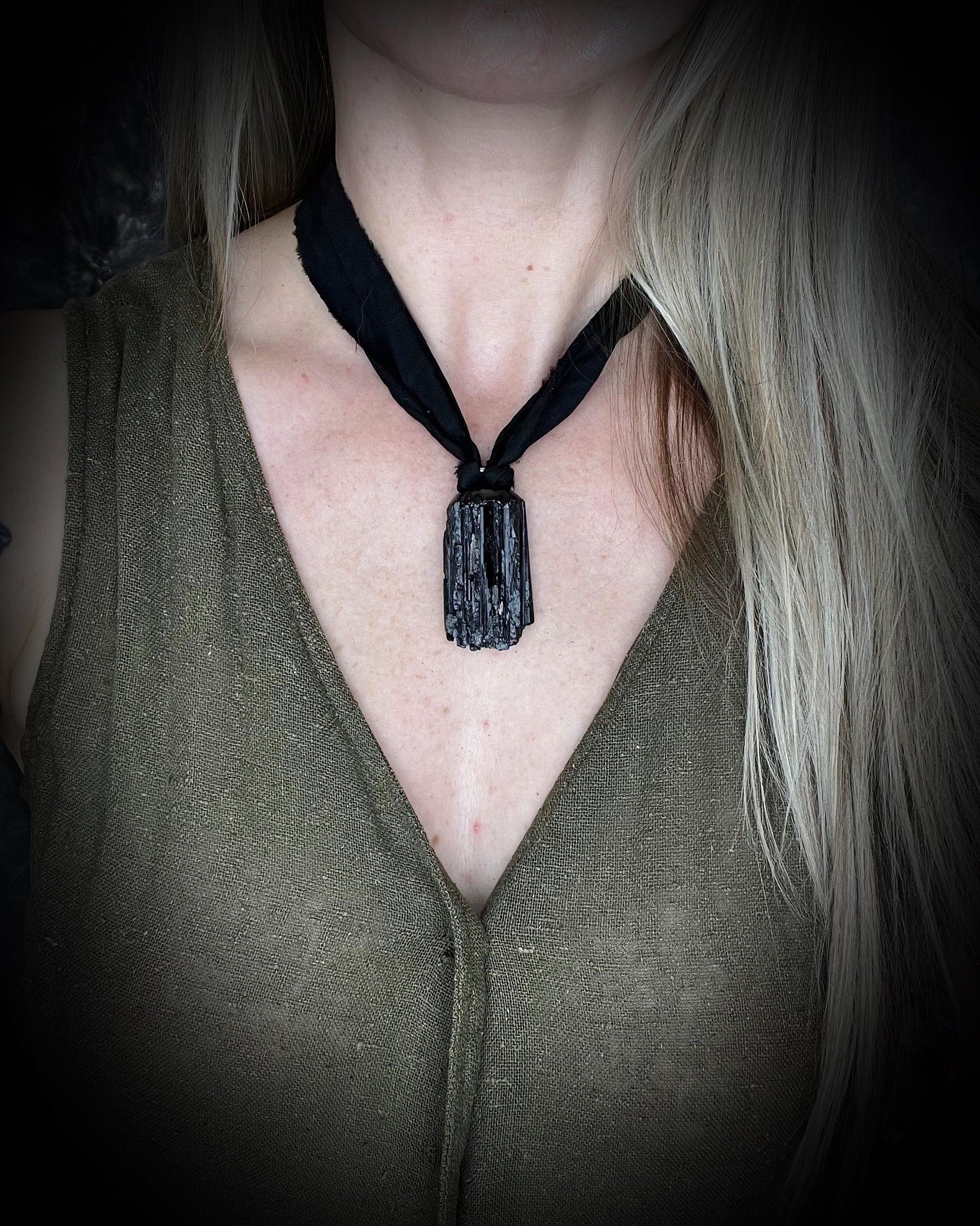Black Tourmaline grounding and protection talisman, perfect Halloween or Holiday Gift or everyday talisman for emf protection and magic. Necklace hung from black recycled silk or organic leather for ecofriendly dark luxury.