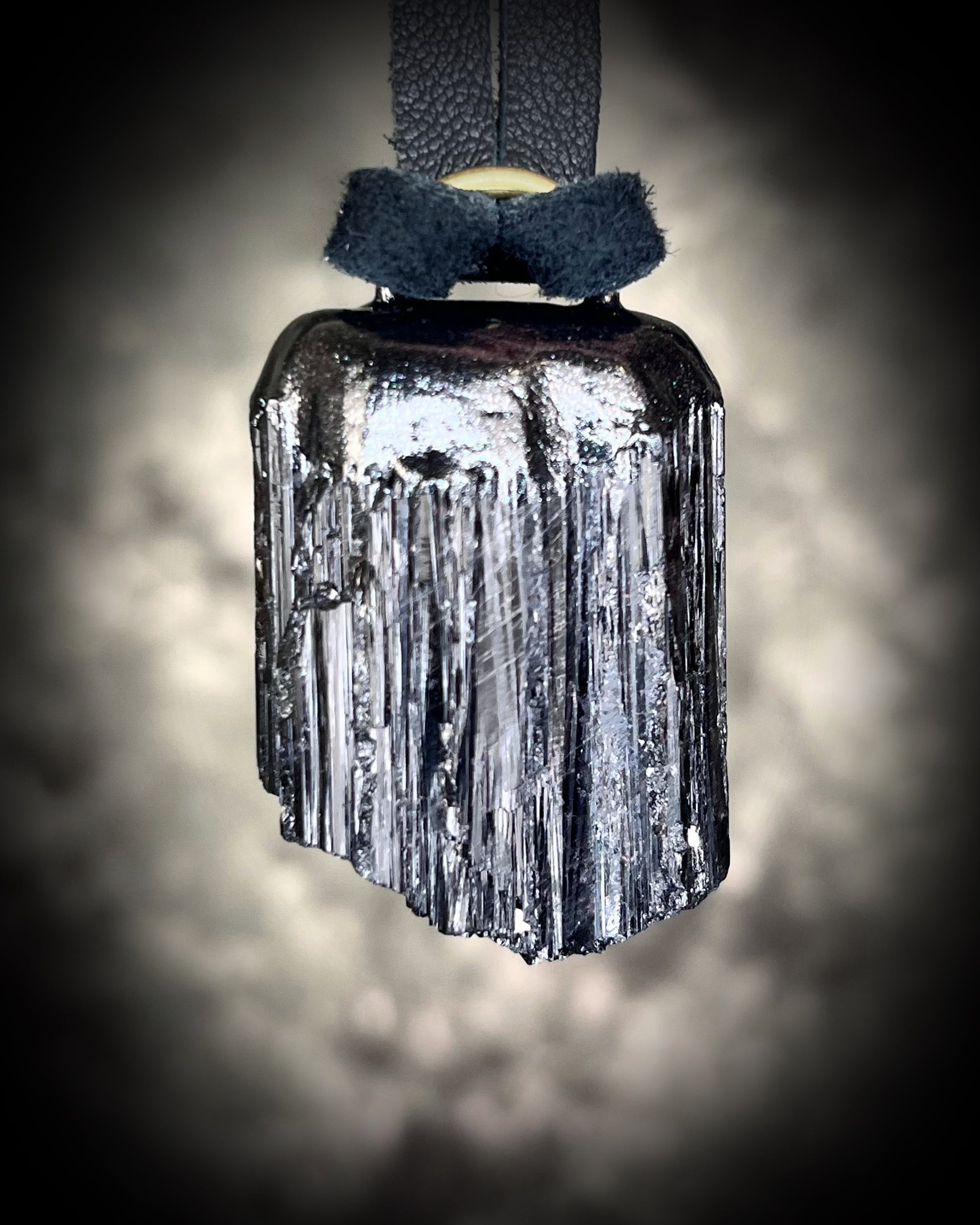 Black Tourmaline grounding and protection talisman, perfect Halloween or Holiday Gift or everyday talisman for emf protection and magic. Necklace hung from black recycled silk or organic leather for ecofriendly dark luxury.