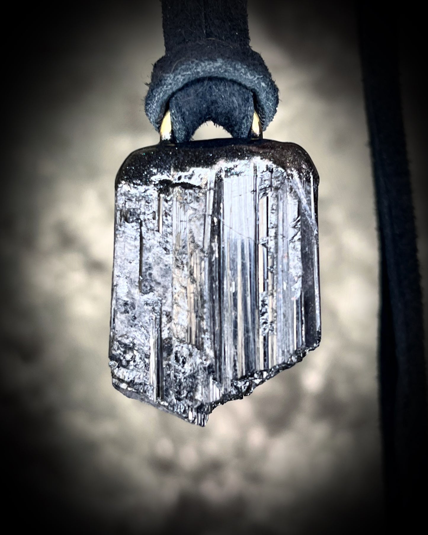 Black Tourmaline grounding and protection talisman, perfect Halloween or Holiday Gift or everyday talisman for emf protection and magic. Necklace hung from black recycled silk or organic leather for ecofriendly dark luxury.