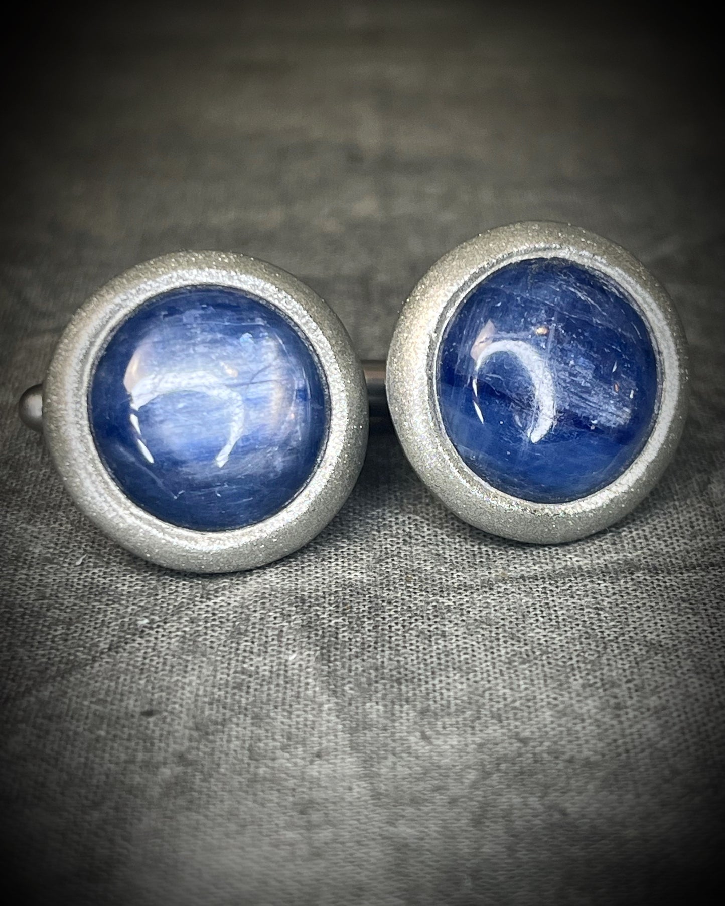 Blue kyanite crystal cufflinks with natural blue crystal blades and stainless steel findings, handmade by Become Spellbound.