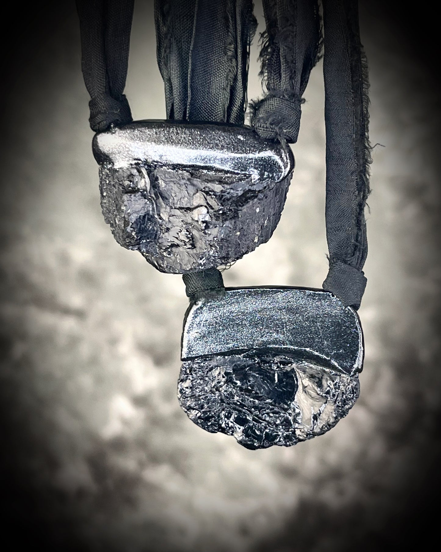 Black Tourmaline grounding and protection talisman, perfect Mothers Day Gift or everyday talisman for emf protection and magic, hung from black recycled silk for ecofriendly dark luxury.