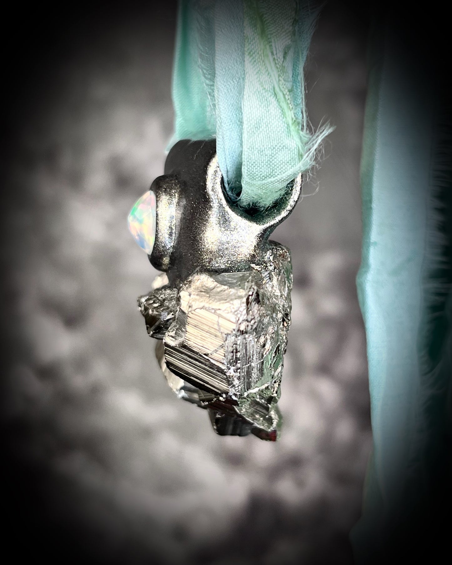 Chunky Pyrite crystal handmade necklace with Opal gemstone on aqua recycled silk for boho summer adventures and manifesting magic, modern maximalism layering jewelry for 2025