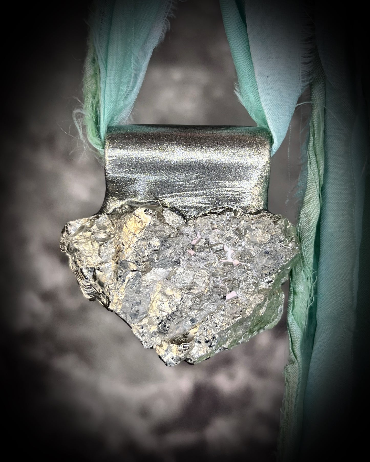 Chunky Pyrite crystal handmade necklace with Opal gemstone on aqua recycled silk for boho summer adventures and manifesting magic, modern maximalism layering jewelry for 2025