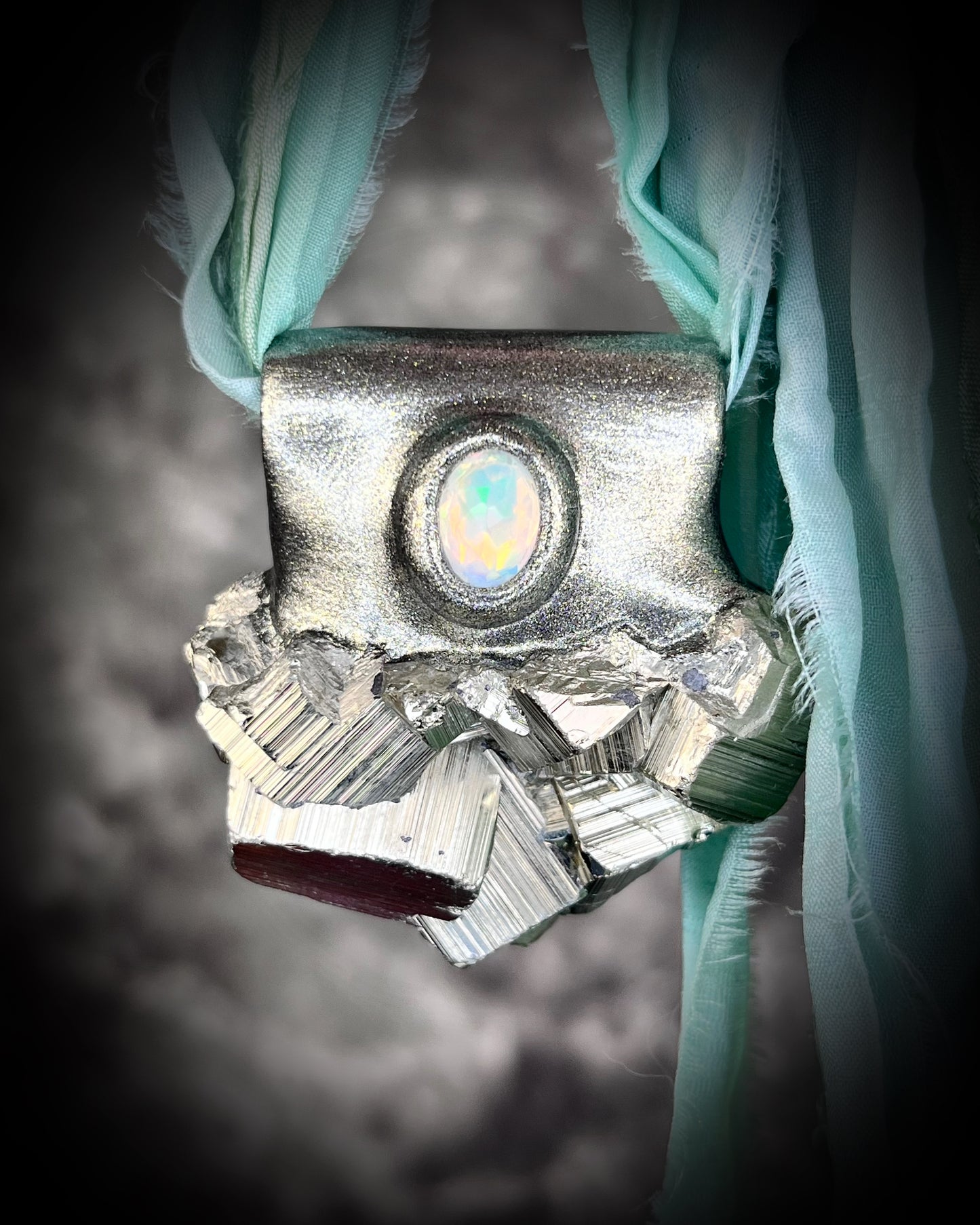 Chunky Pyrite crystal handmade necklace with Opal gemstone on aqua recycled silk for boho summer adventures and manifesting magic, modern maximalism layering jewelry for 2025