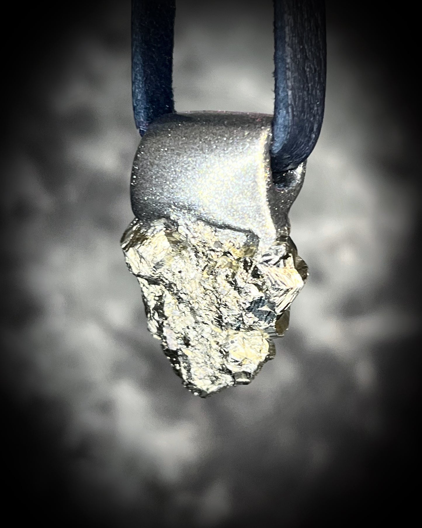 Chunky pyrite pendant necklace on black leather cord, raw crystal talisman jewelry, bold statement necklace with metallic gold healing stone.