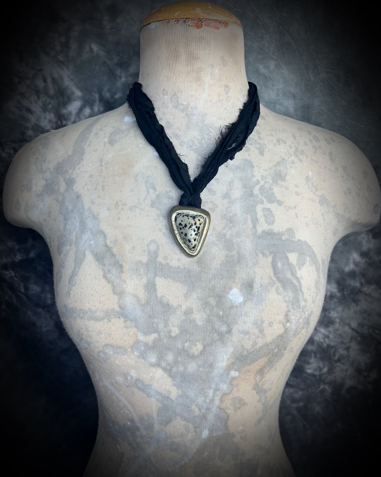 Dalmation Jasper crystal handmade gold necklace on black recycled silk, black and white, fall 2025 pendant gift for her.