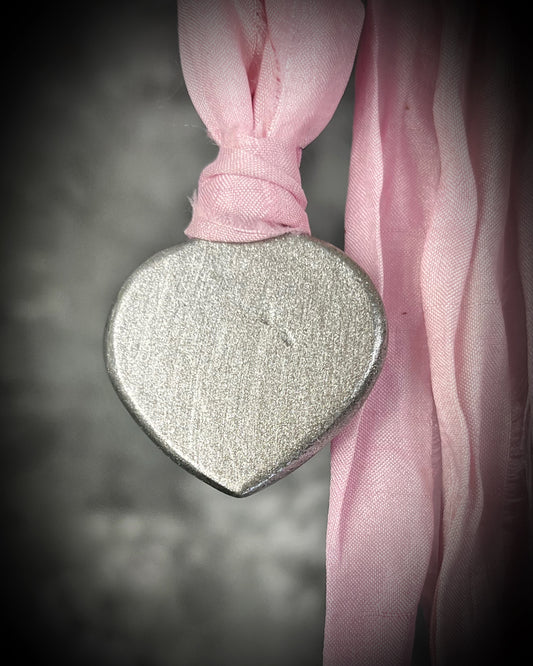 Pink plume agate teardrop shaped crystal necklace in silver for a romantic Valentine’s Day gift for her! This special handmade talisman is hung from pink recycled silks for a mystical and empowering gift for self love!
