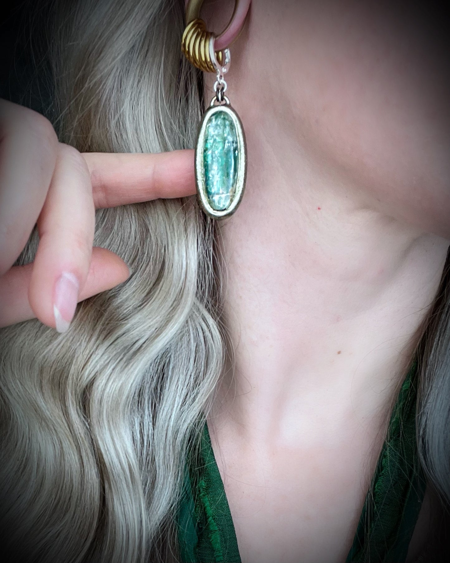 Sterling silver mixed metal gold dangle earrings, handmade green kyanite crystal gemstone earrings, holiday gift for her, made in the USA.