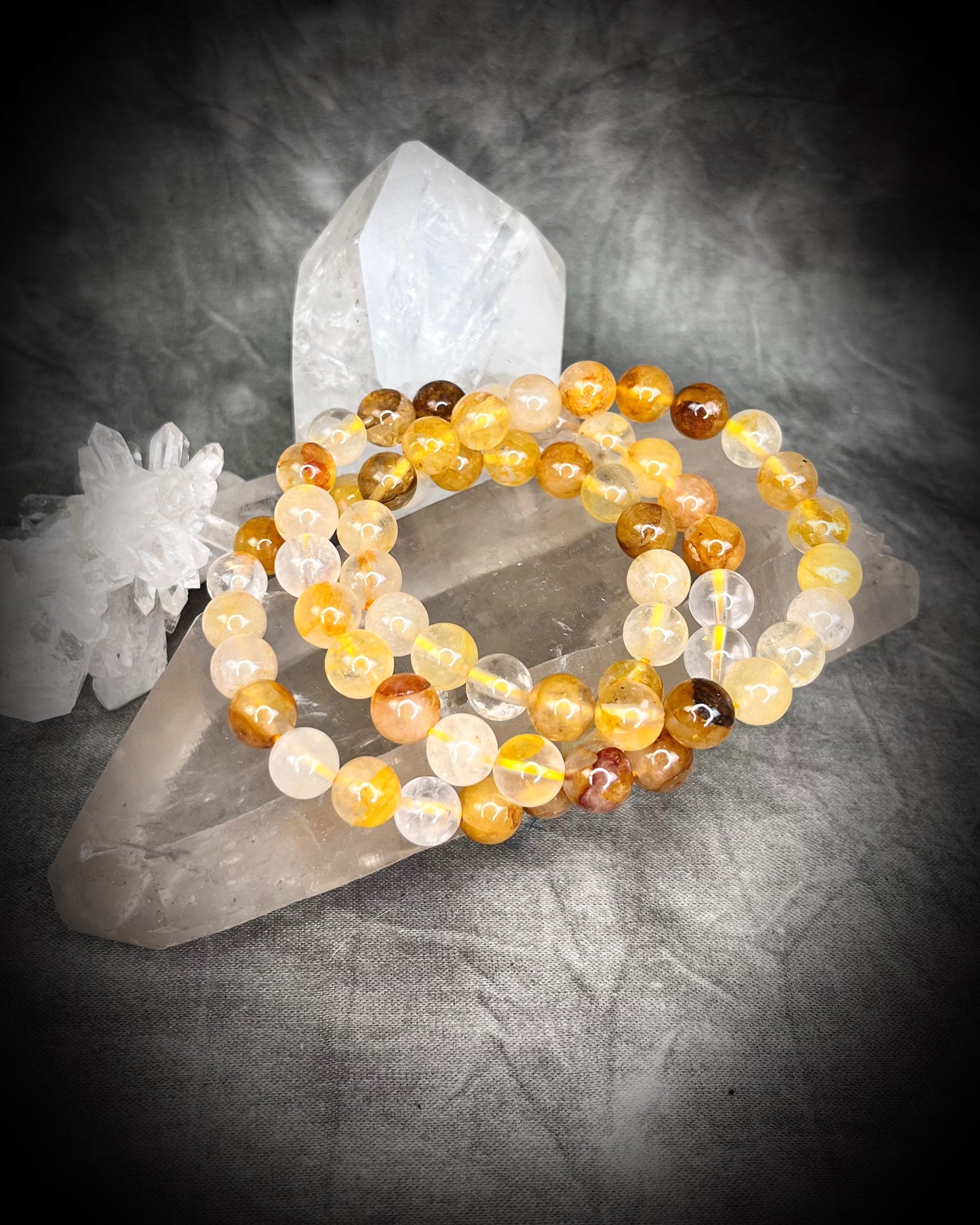 Golden Healer Quartz Raw stone, natural crystal healing beaded bracelets for protection, grounding, emf shielding and gemstone magic!  Crystal stacking bracelets for modern maximalism and dopamine dressing!
