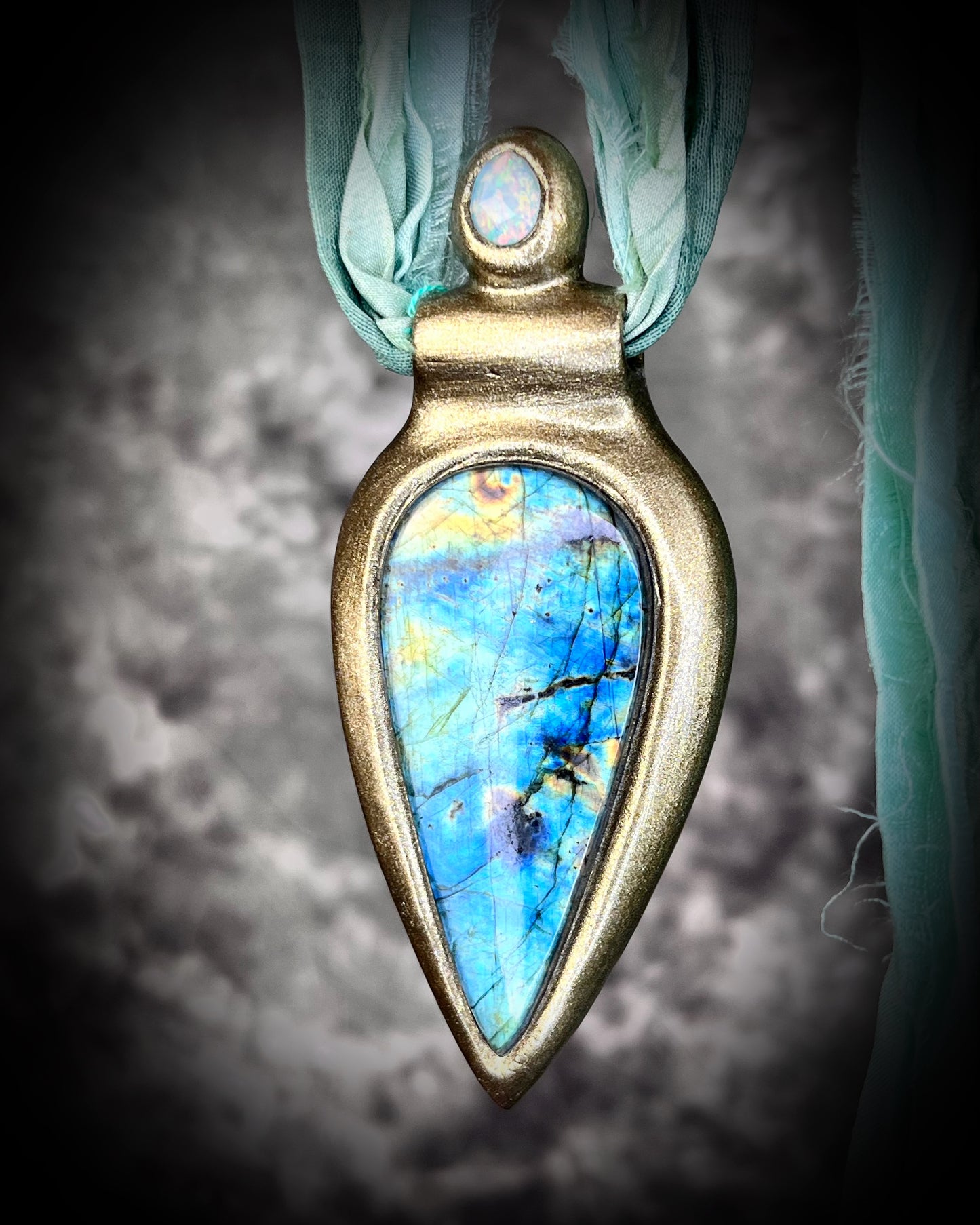 Rainbow Labradorite with Opal Teardrop Gemstone Handmade Crystal Healing Talisman with Recycled Silk