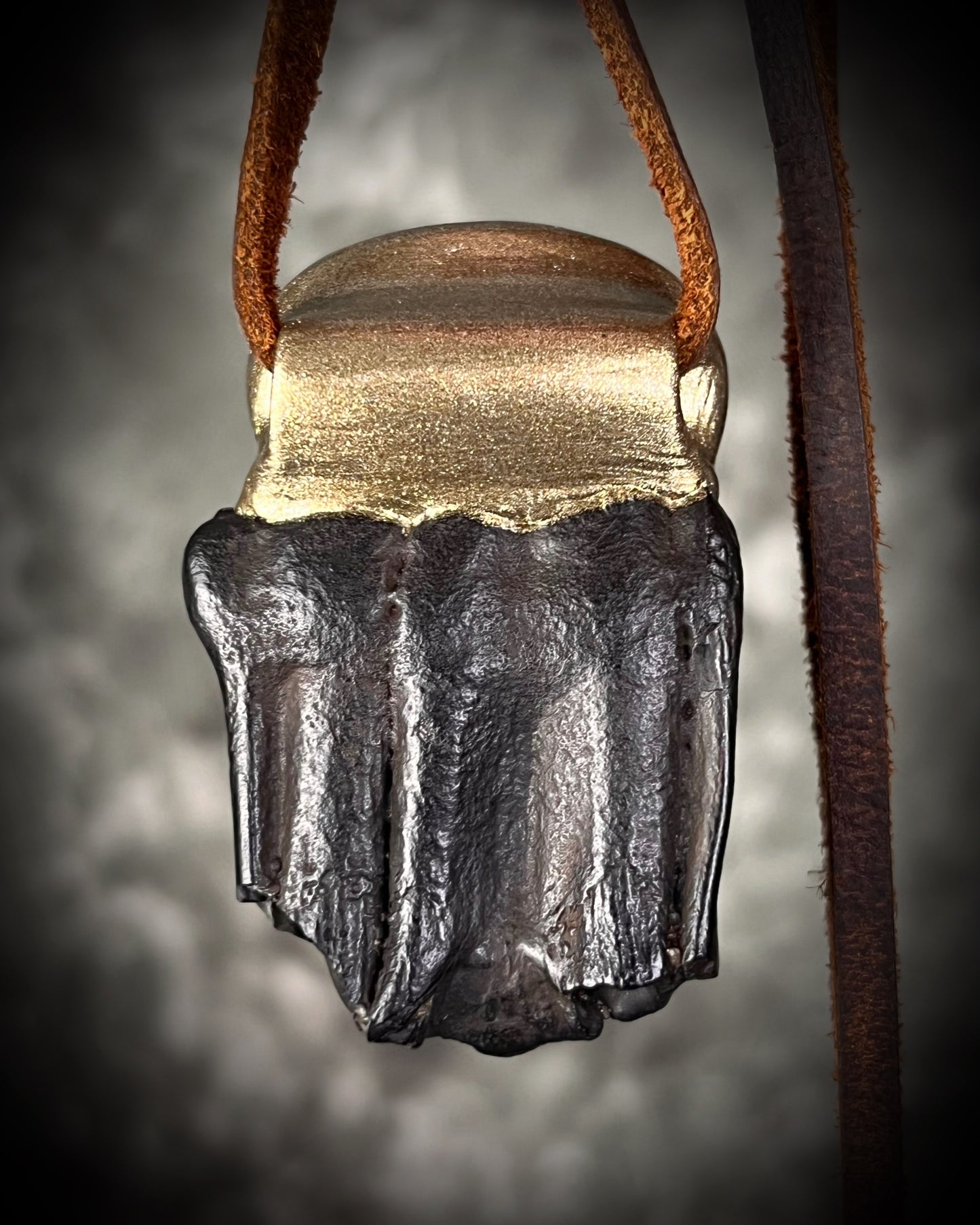 Equus fossil tooth and turquoise crystal talisman necklace in gold finish on brown leather. Ancient fossil jewelry symbolizing protection, instinct, and endurance. Zodiac talisman for Sagittarius, gift for her.